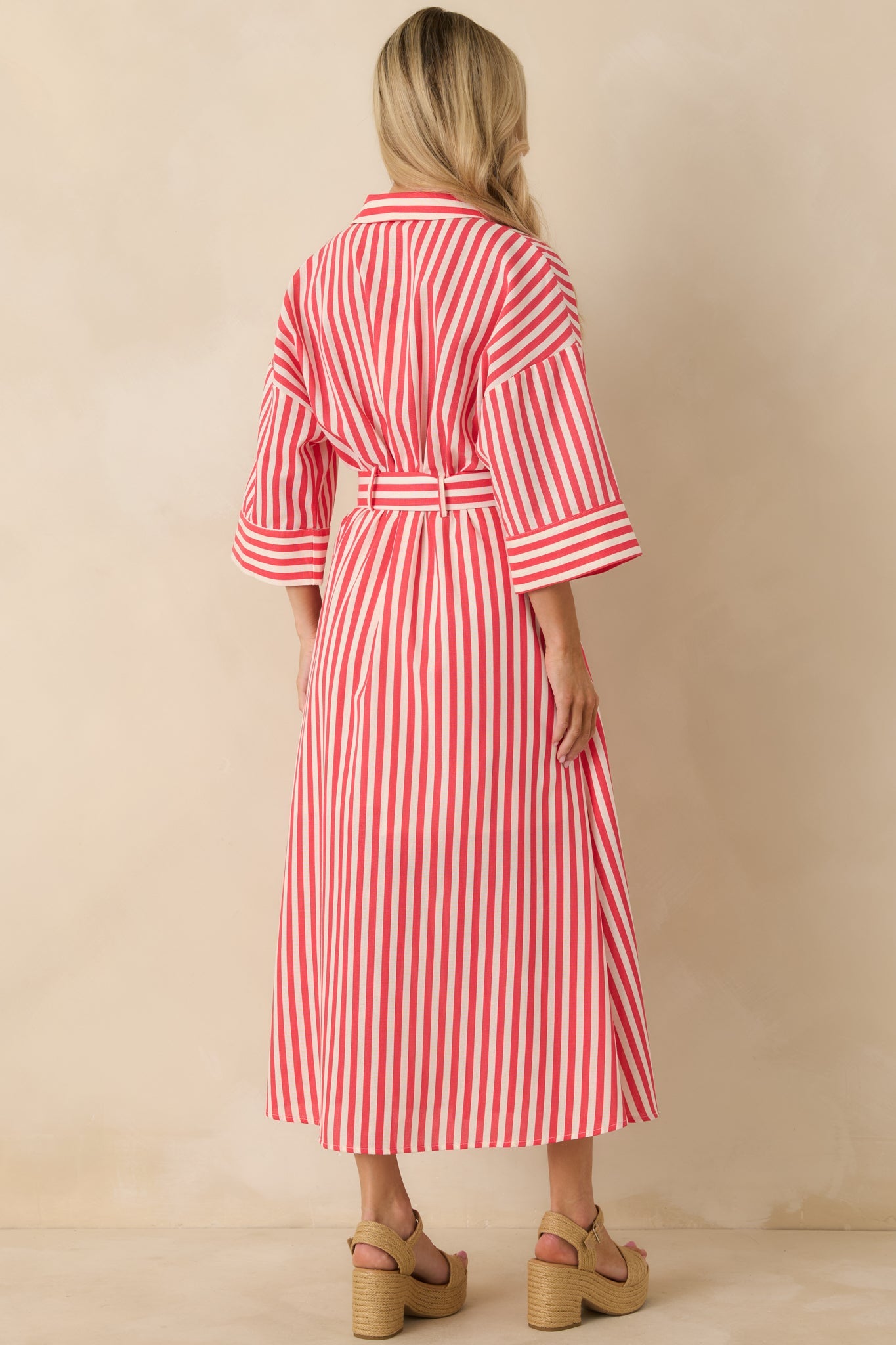 Lighthearted Days Red Stripe Belted Button Front Maxi Shirt Dress