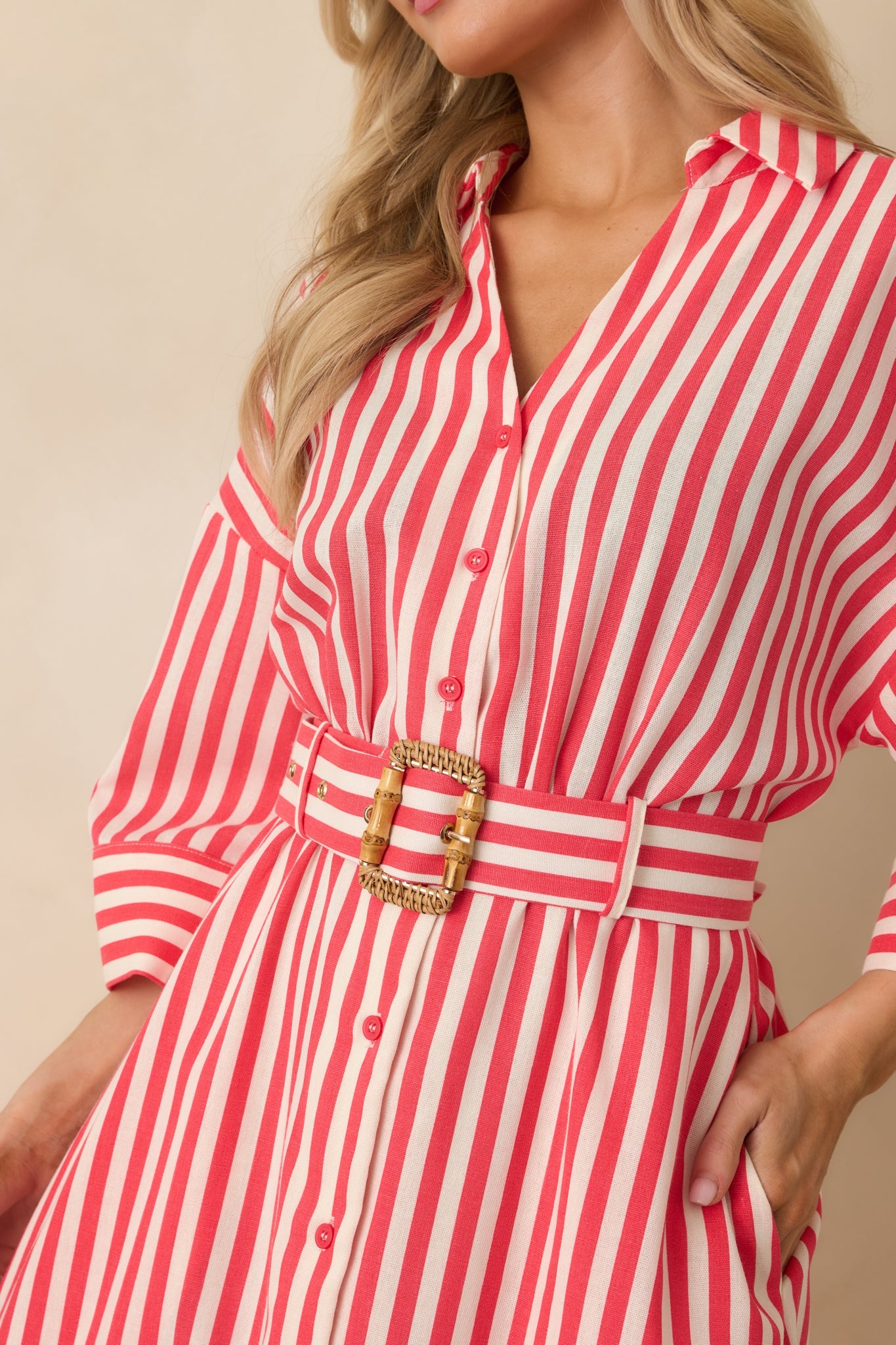 Lighthearted Days Red Stripe Belted Button Front Maxi Shirt Dress