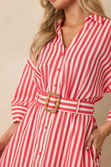 Lighthearted Days Red Stripe Belted Button Front Maxi Shirt Dress