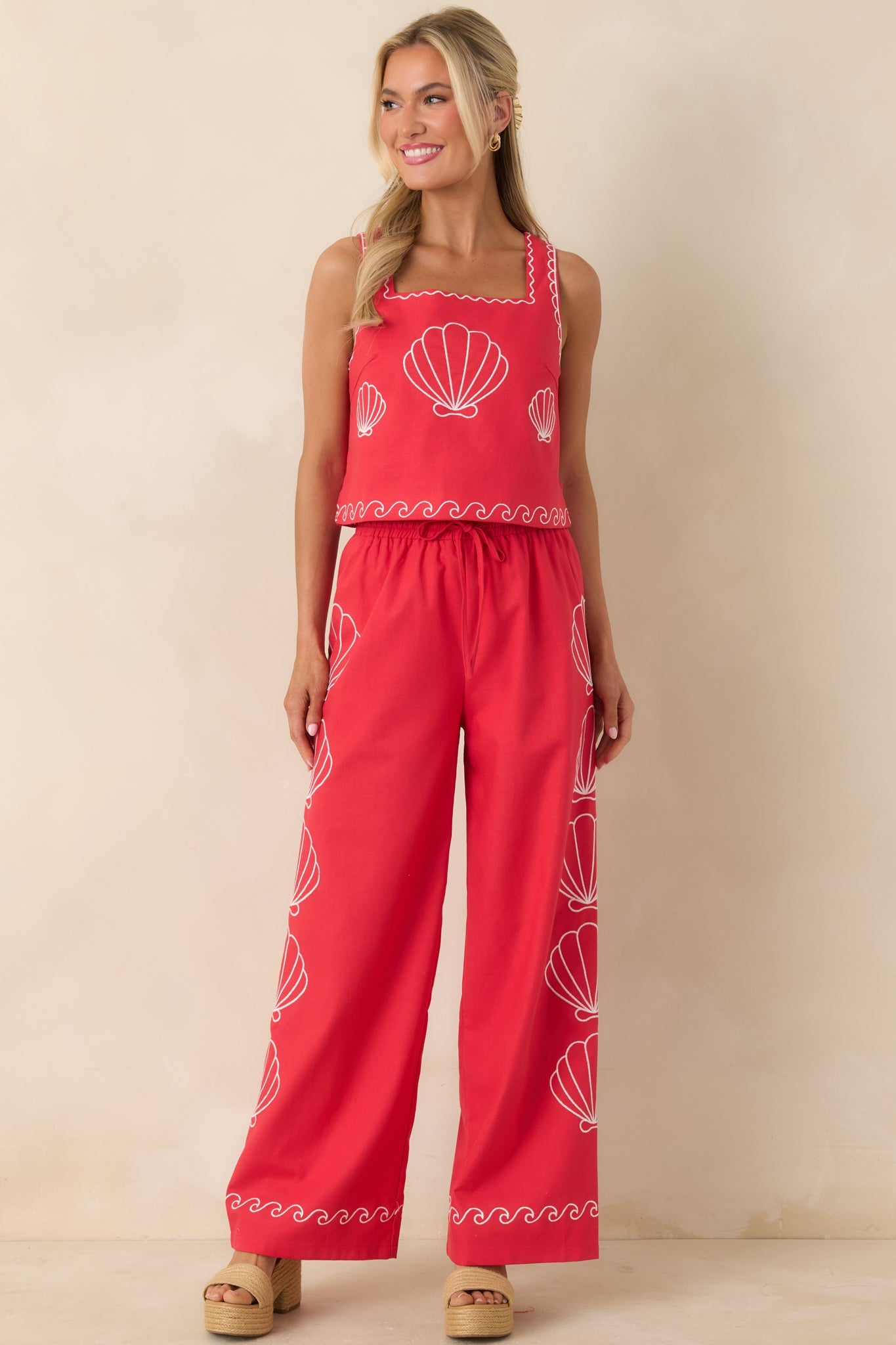Sea You Soon Red Cotton Blend Shell Embroidered Tank Top