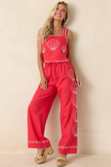 Sea You Soon Red Cotton Blend Shell Embroidered Tank Top