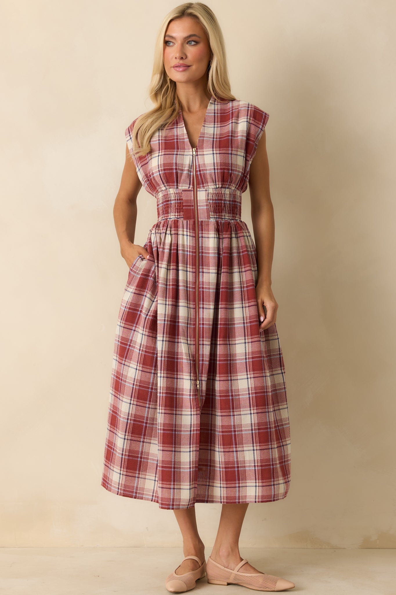 The Evette Red Tartan Plaid Cotton Zip Front Midi Dress