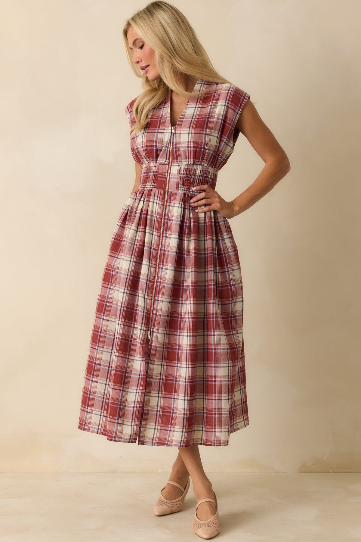 The Evette Red Tartan Plaid Cotton Zip Front Midi Dress