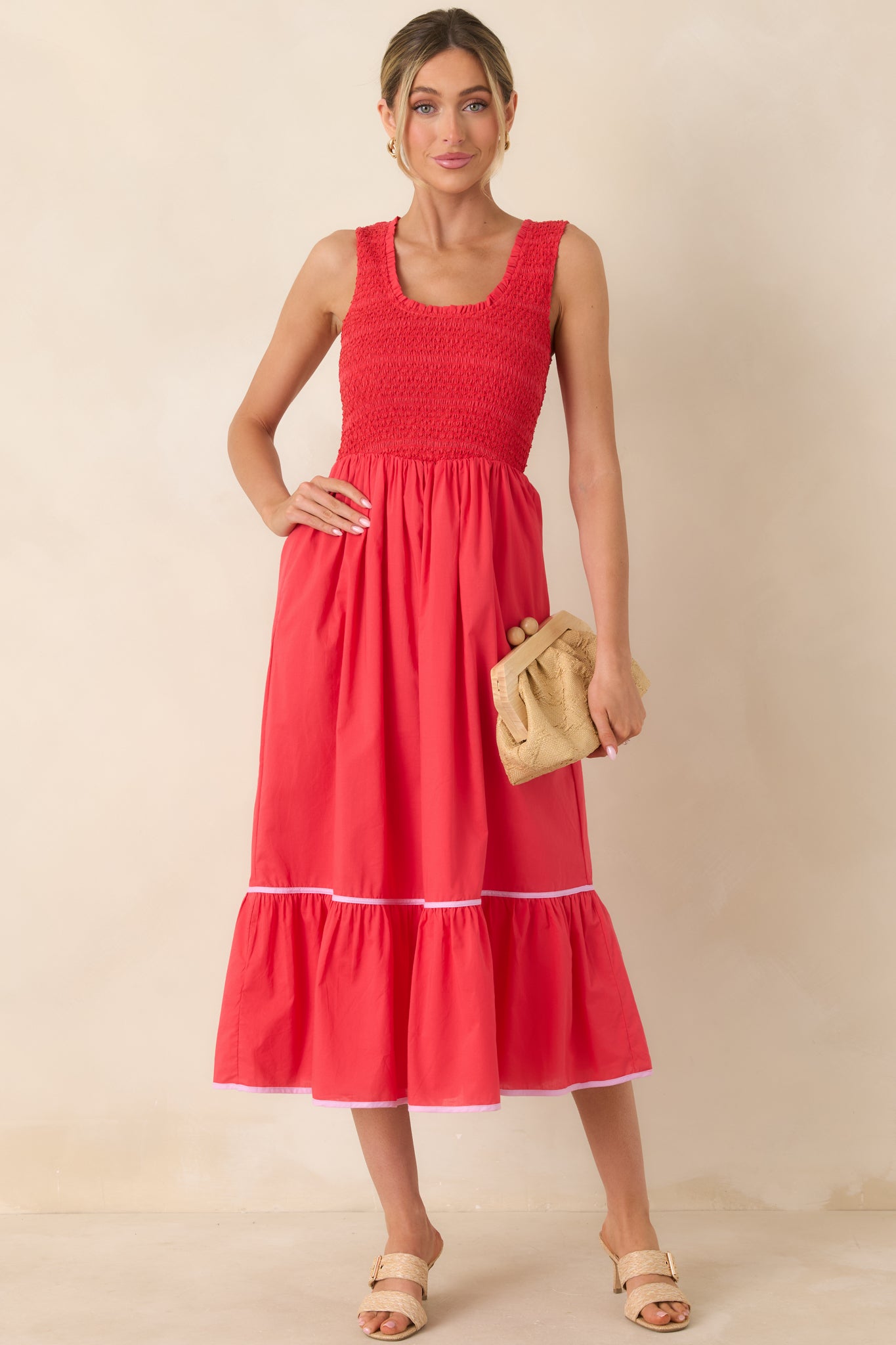 Today's the Day Red Textured Cotton Tiered Midi Dress