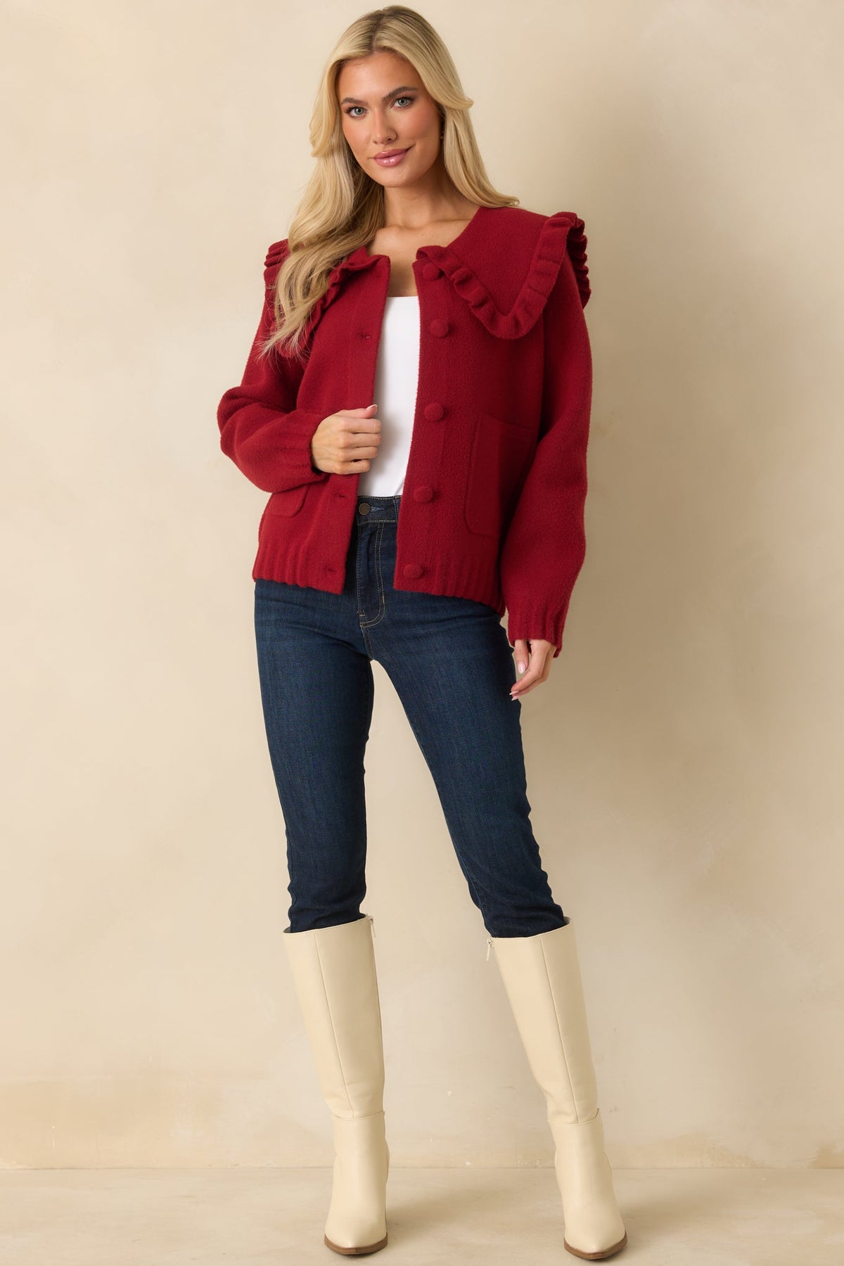 Frilled To Announce Cranberry Red Oversize Ruffle Collar Cardigan Sweater