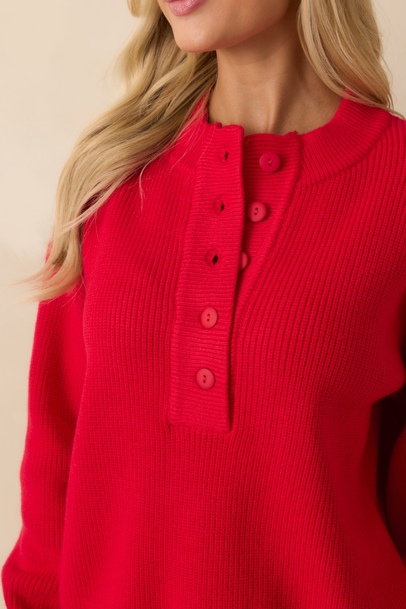 Warm Whimsy Red Knit Button Top Pullover Sweater