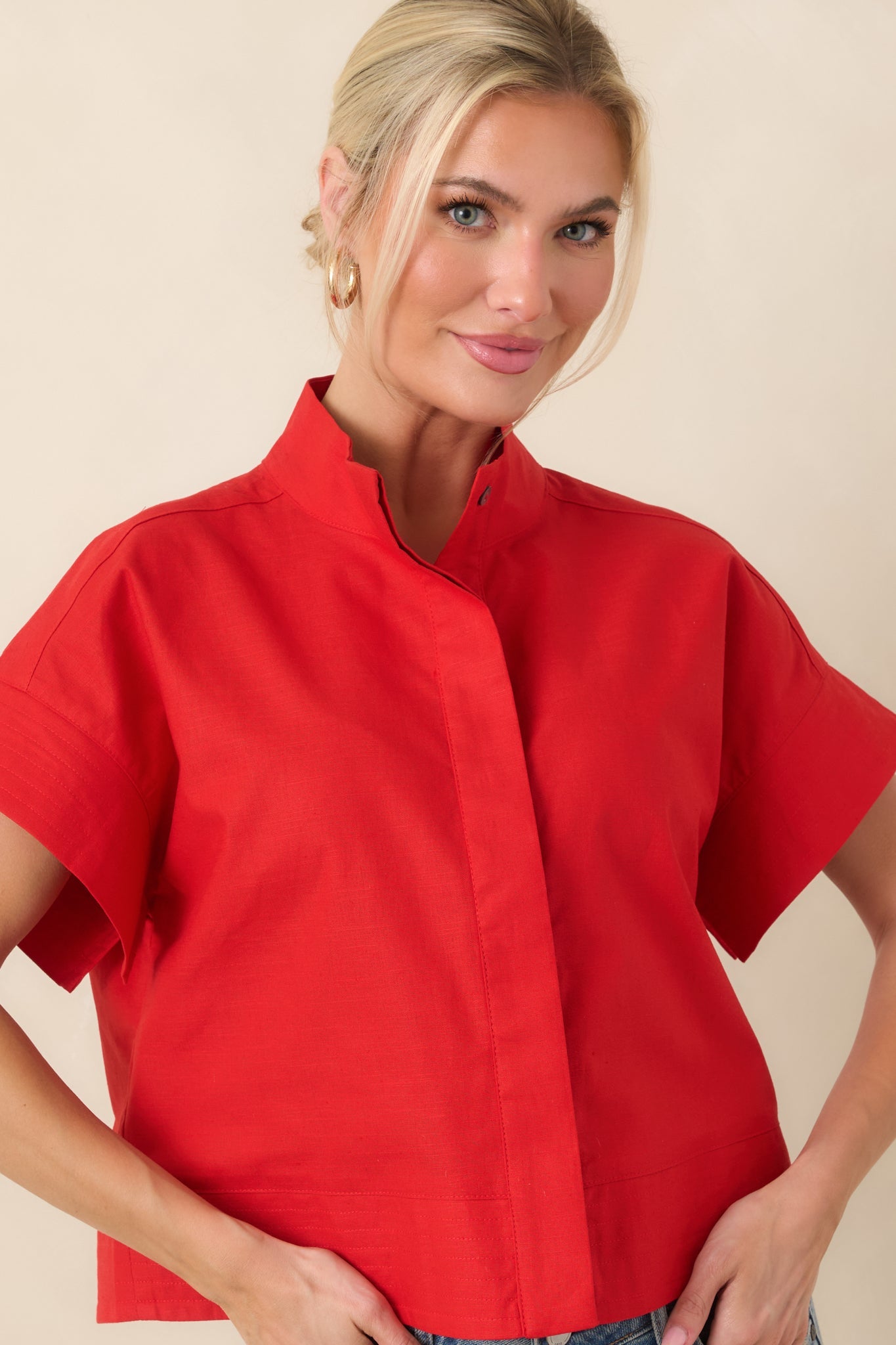 Pretty In Power Red Cotton Linen Button-Front Mock Neck Top