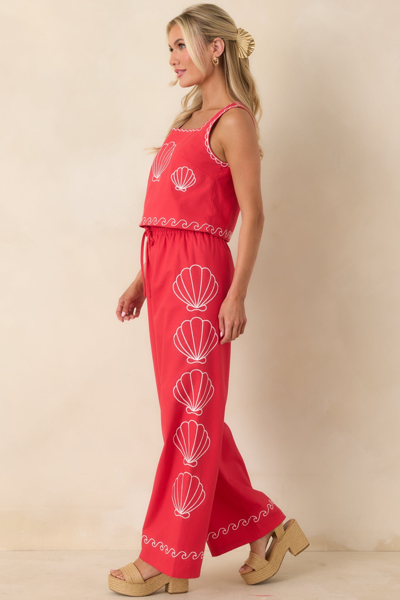 Sea You Soon Red Cotton Blend Shell Embroidered Wide Leg Pants