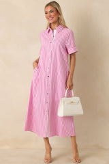 Pretty in Pinstripes Pink Cotton Stripe Button Front Maxi Shirt Dress