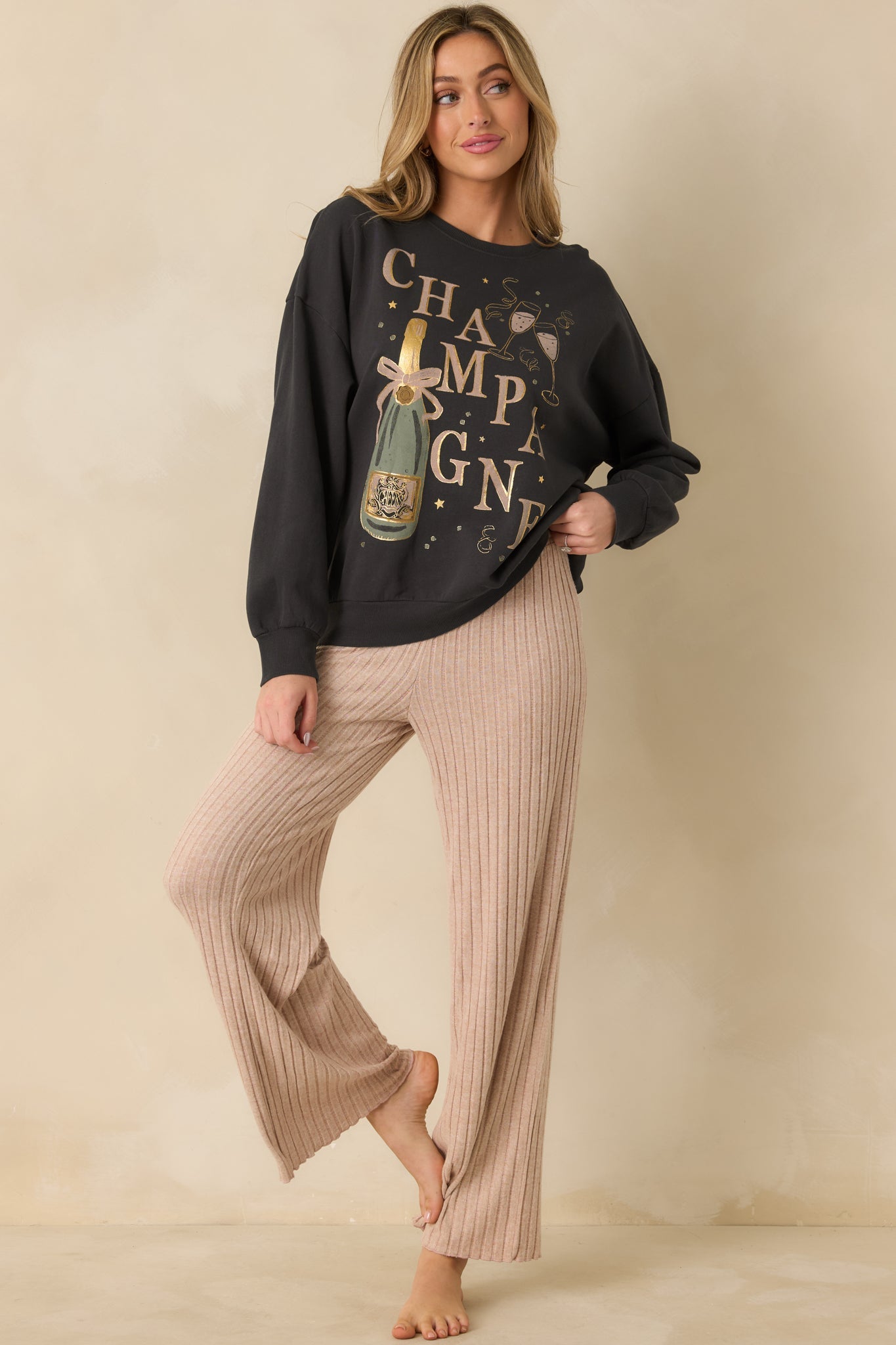 Z Supply Vintage Black Cotton Celebrate Champagne Sweatshirt