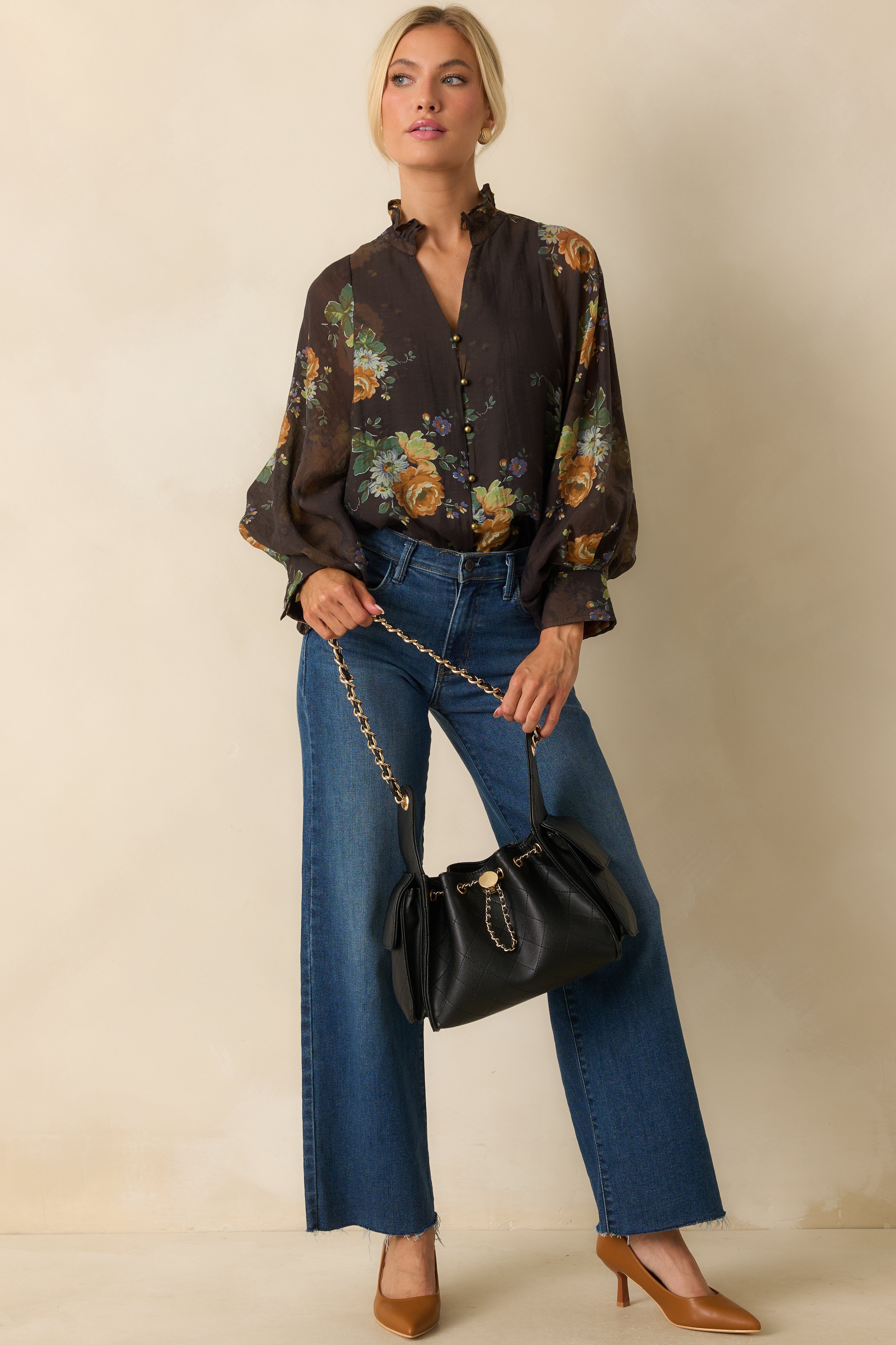 Sweet as Petals Brown Multi Floral Print Button Up Blouse