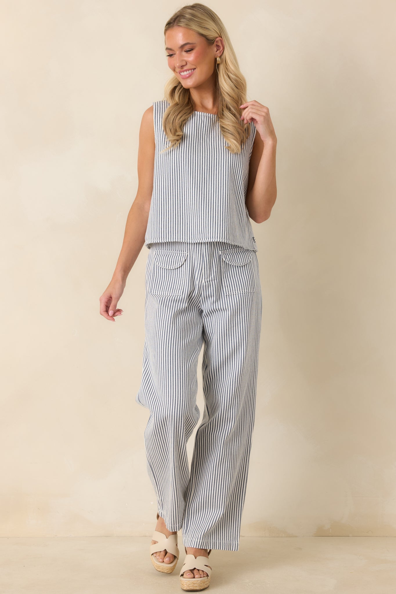 Ticket to Anywhere Blue Stripe Cotton Blend Sleeveless Top