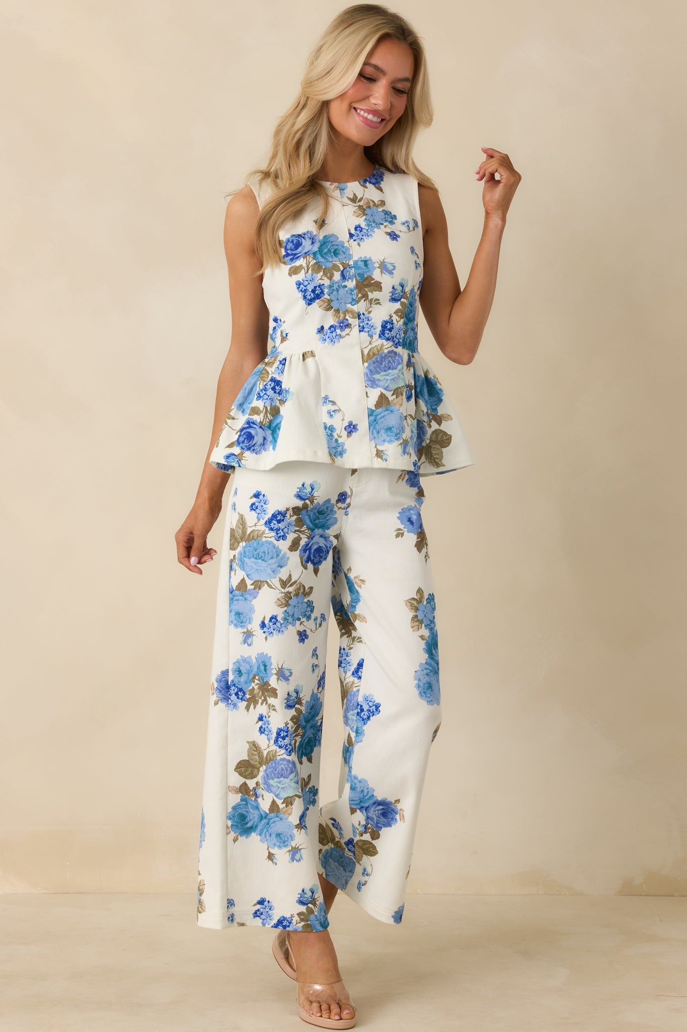Grace in Motion Blue Floral Print Cotton Wide Leg Pants