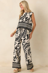 Palma Nights Black & Natural Botanical Print Wide Leg Pants
