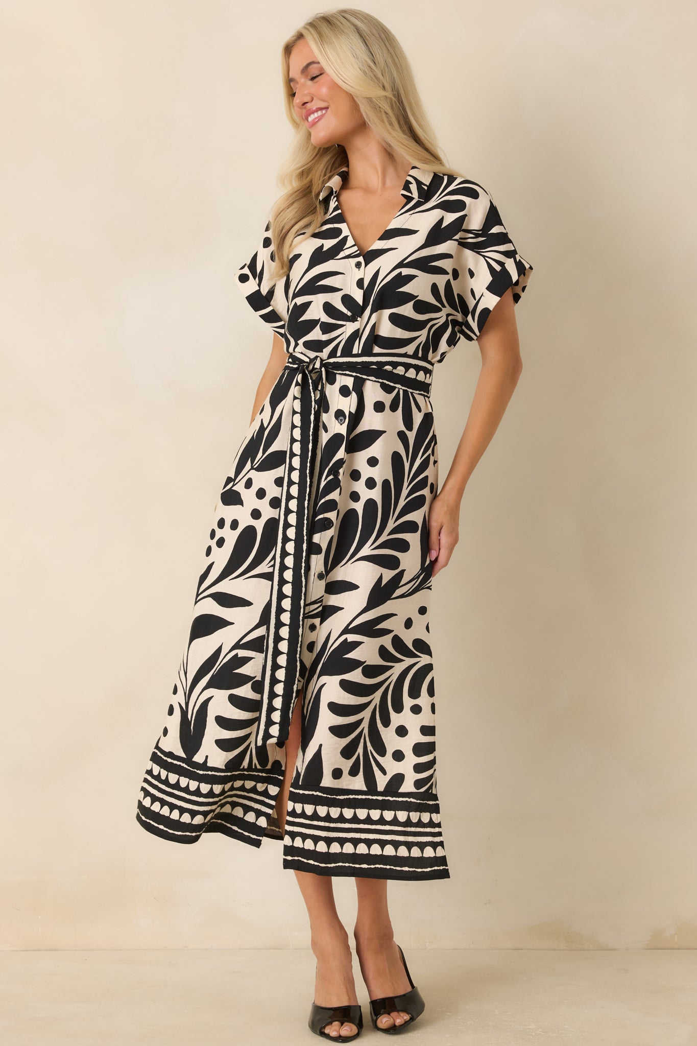 Riviera Evenings Black & Natural Botanical Print Midi Dress