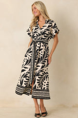 Riviera Evenings Black & Natural Botanical Print Midi Dress