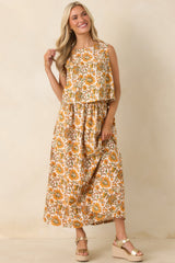 Easy to Love Marigold & Olive Green Floral Cotton Button-Back Top