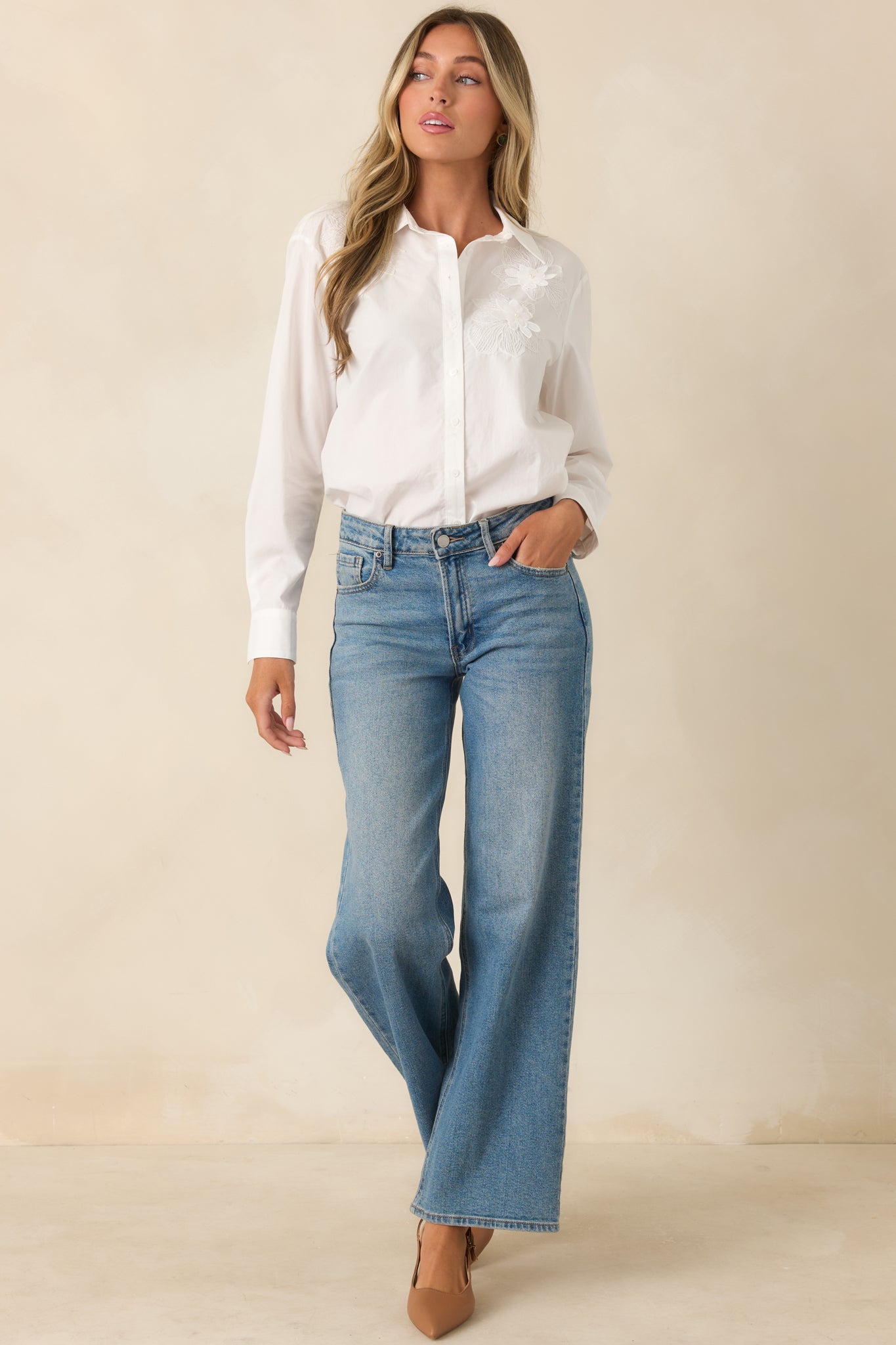 Little Details Matter White Floral Appliqué Button-Up Blouse