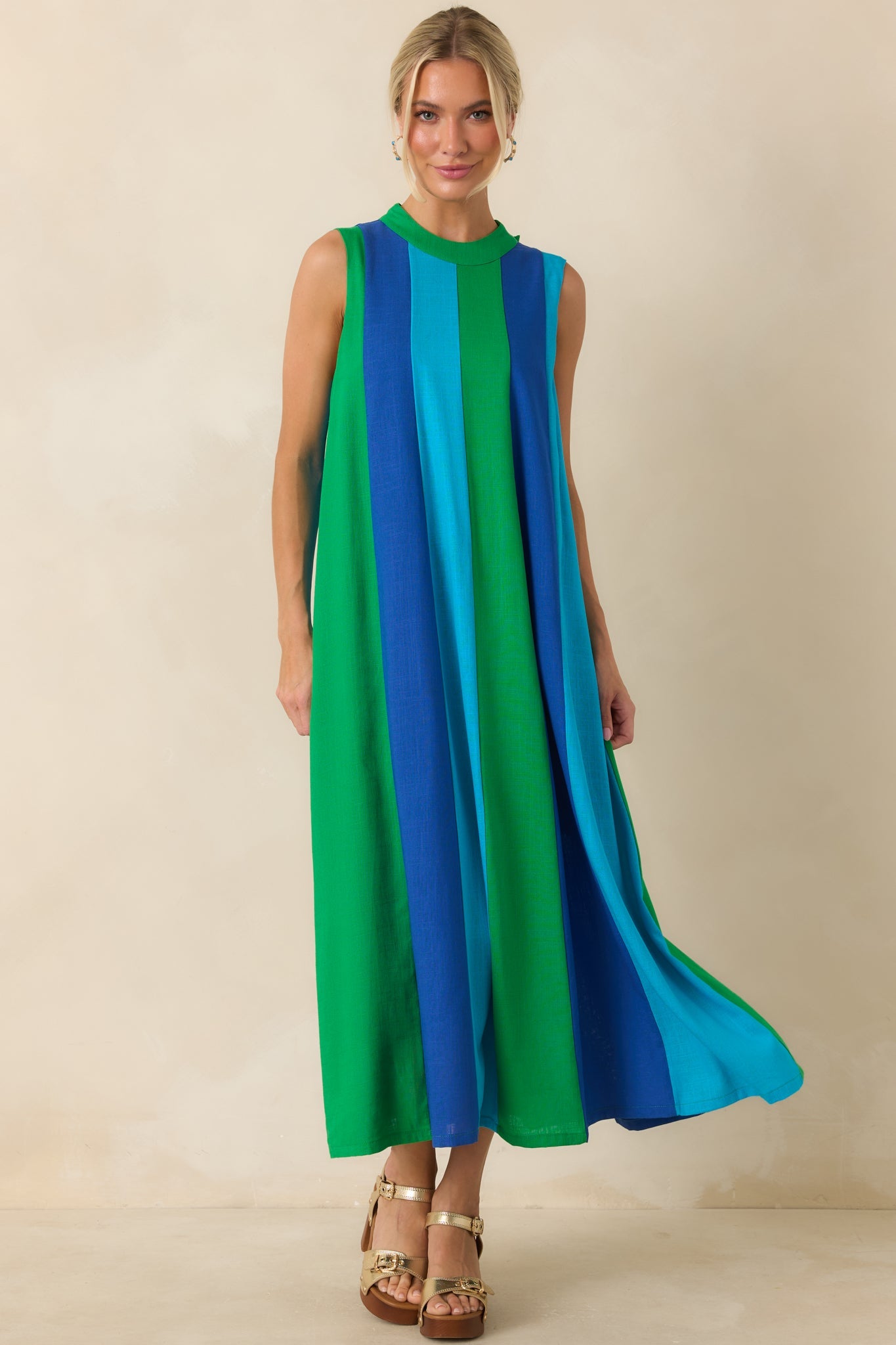 Sunset on Repeat Green & Blue Colorblock Sleeveless Midi Dress