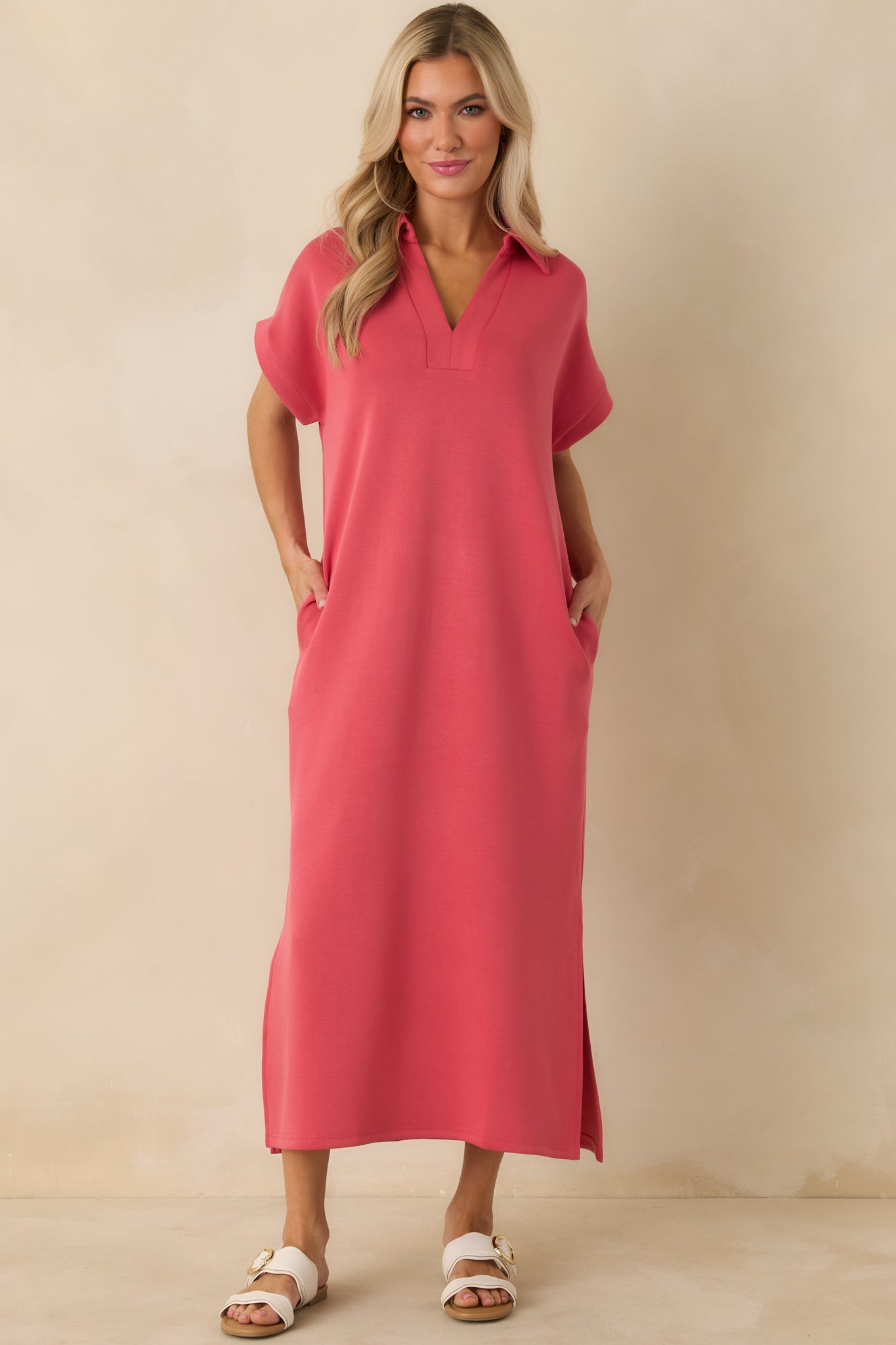 Made The Right Call Coral Pink Collared Midi T-Shirt Dress