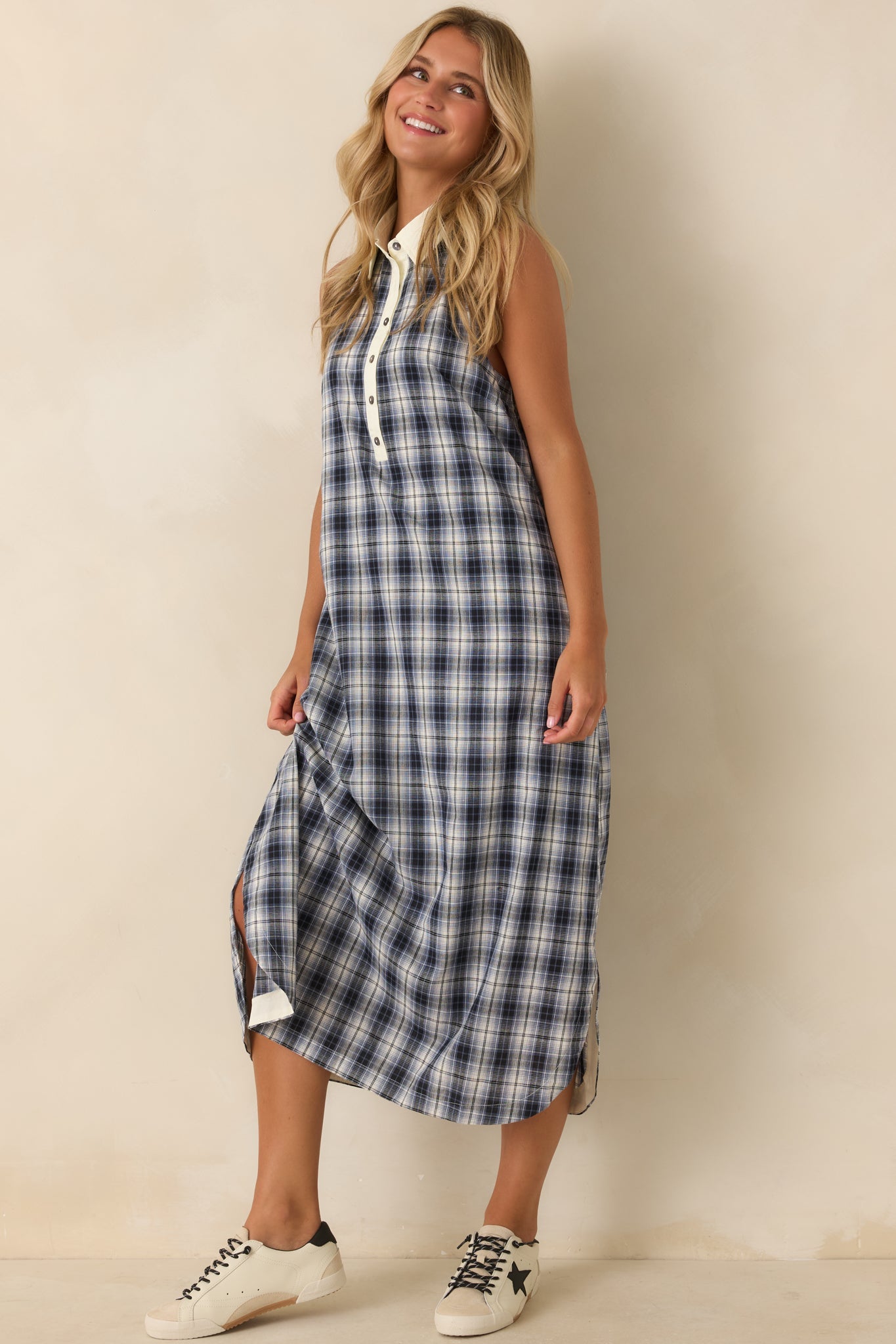 Small Town Story Navy Plaid Cotton Midi Dress
