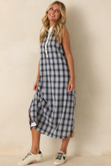 Small Town Story Navy Plaid Cotton Midi Dress