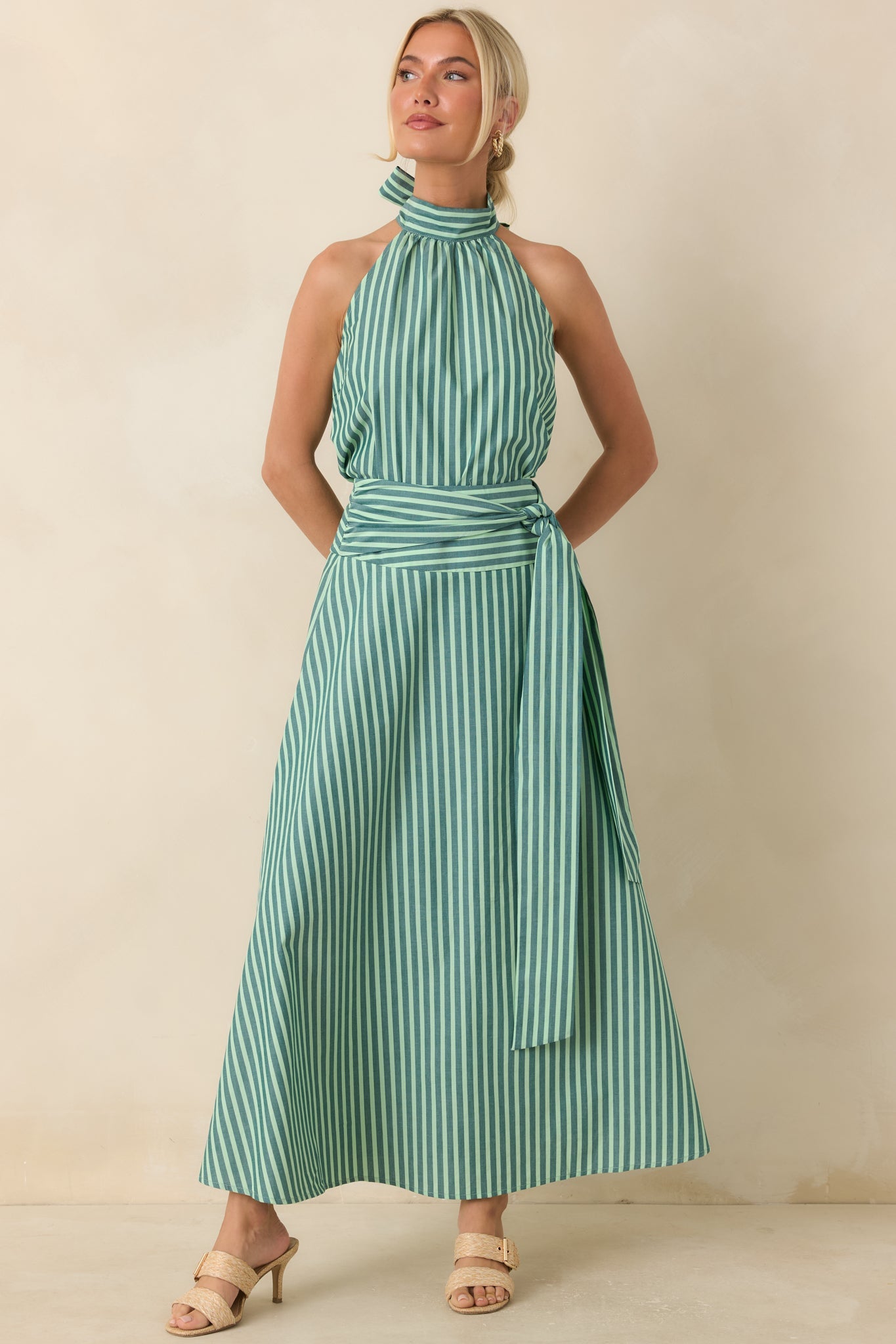 FRNCH Crescenzo Green Stripe Cotton Tie-Neck Halter Top