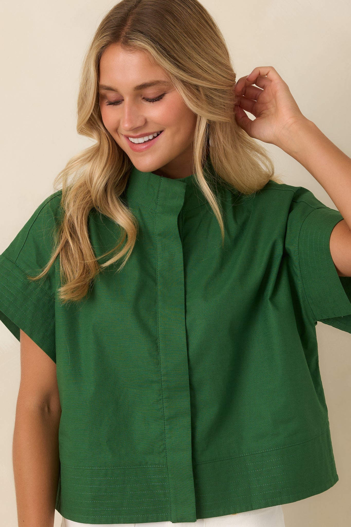 Pretty In Power Fern Green Cotton Linen Button-Front Mock Neck Top