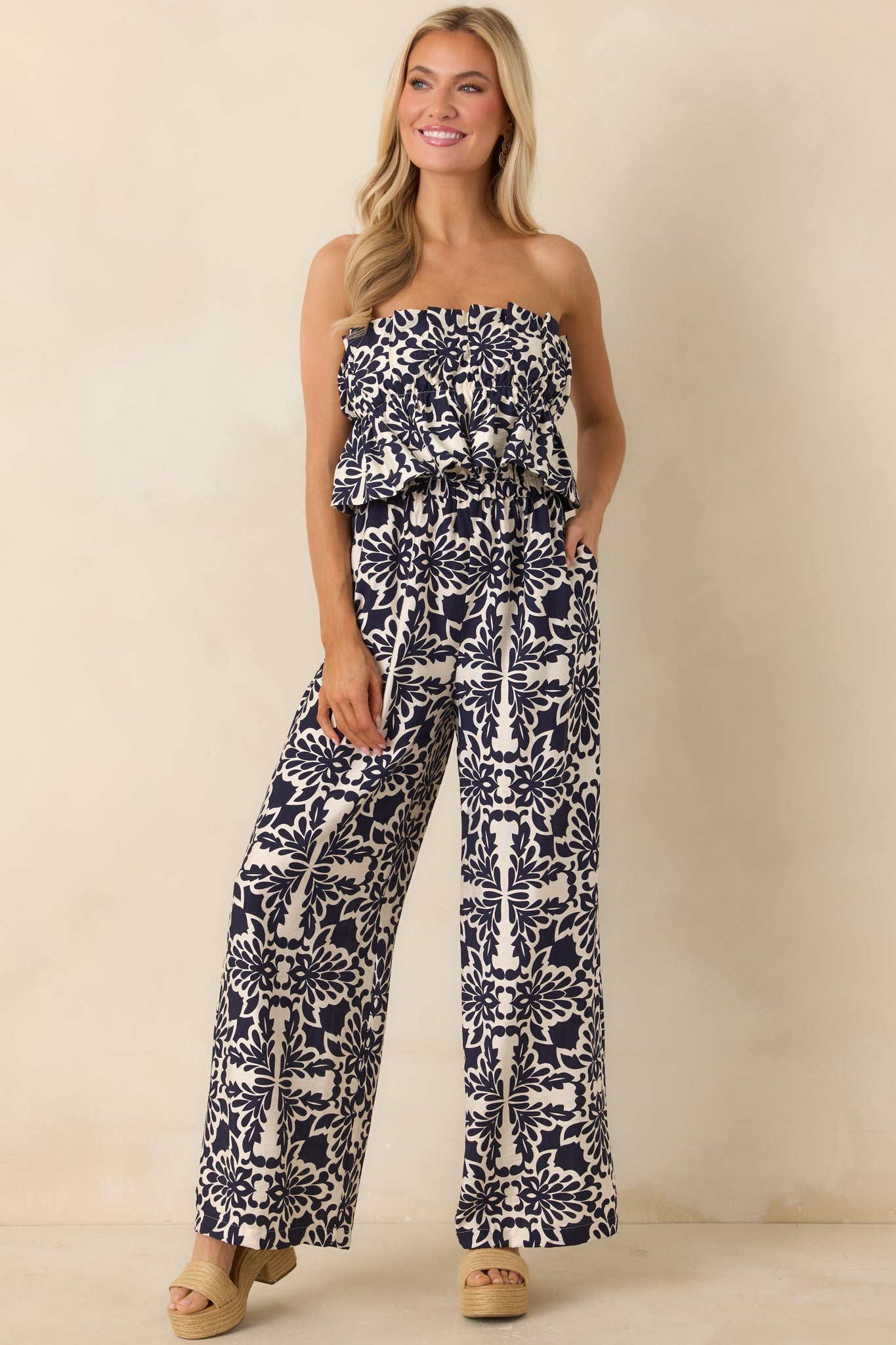 Say the Word Ivory & Navy Printed Wide Leg Jumpsuit