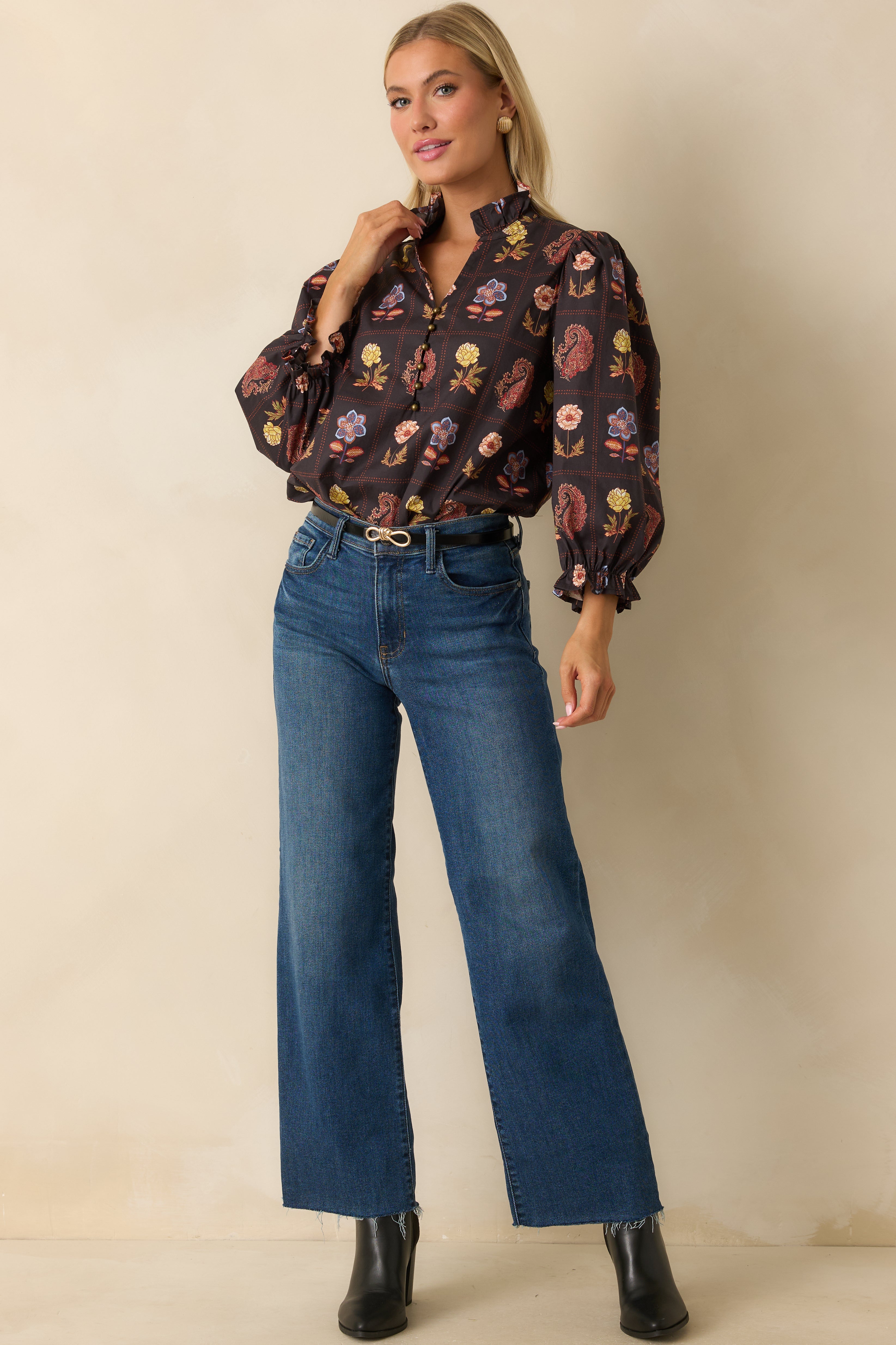 Everything's Blooming Black Multi Floral Cotton Puff Sleeve Blouse