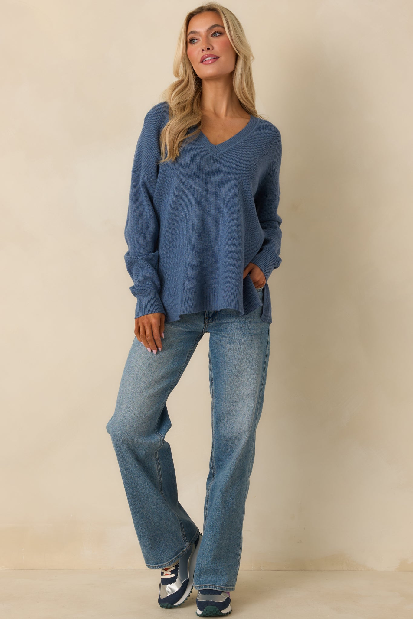 Cozy Afternoon Heather Blue V-Neck Sweater