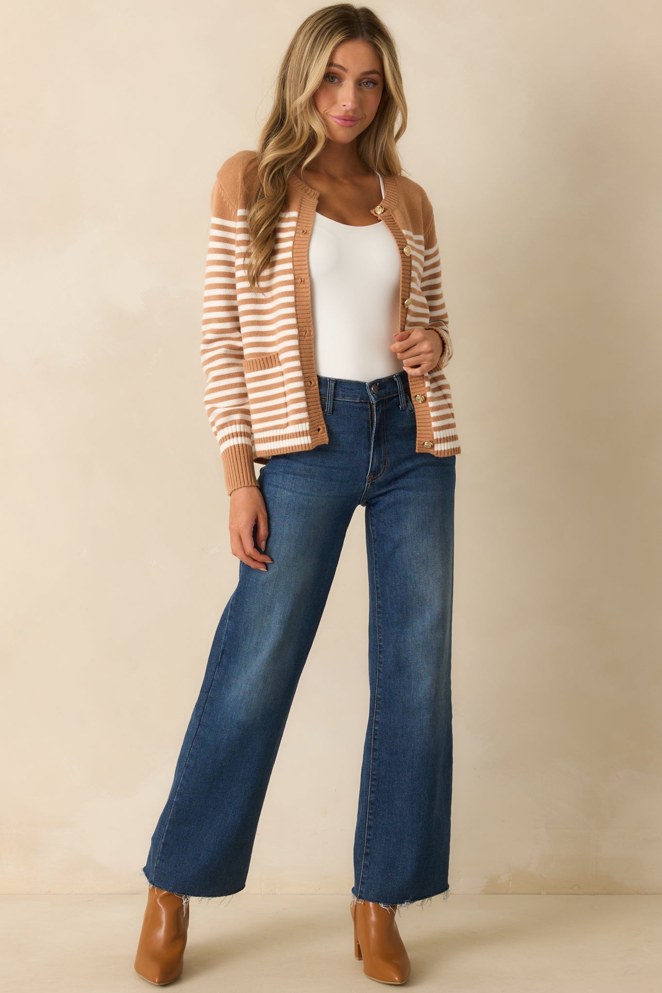 Right On Schedule Camel Brown Stripe Long Sleeve Button Up Cardigan