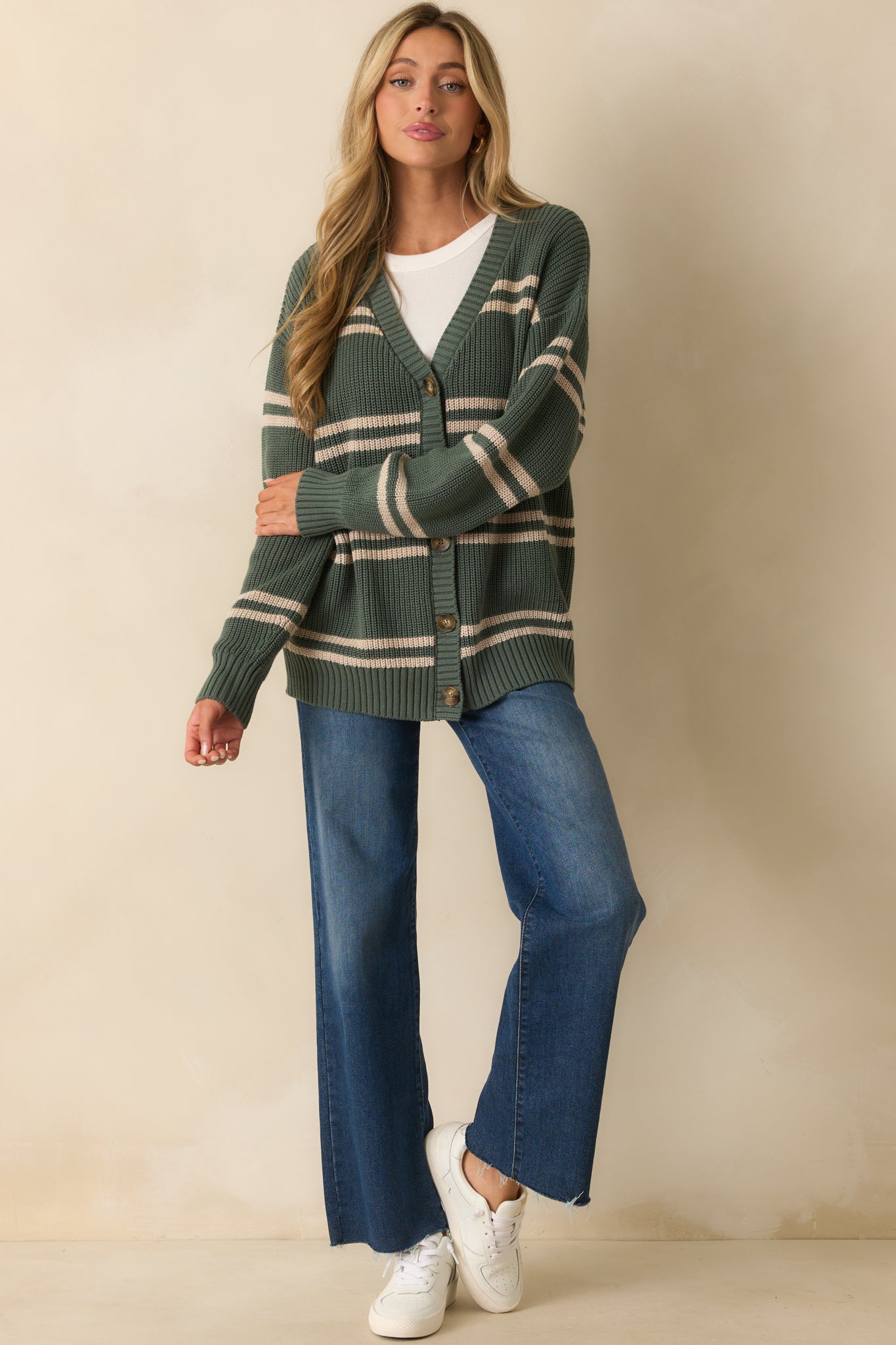 Z Supply Green Cotton Boyfriend Striped Cardigan