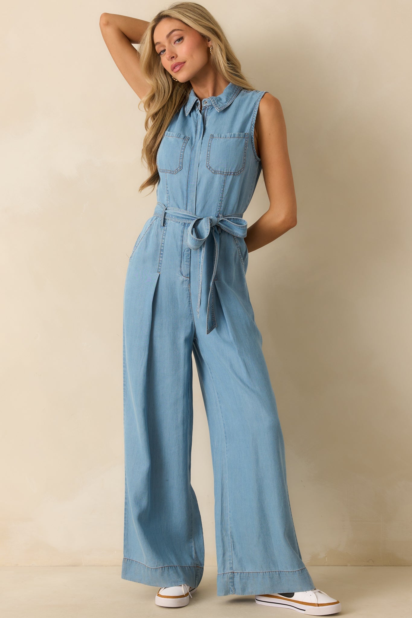 Best Foot Forward Blue Chambray Sleeveless Jumpsuit