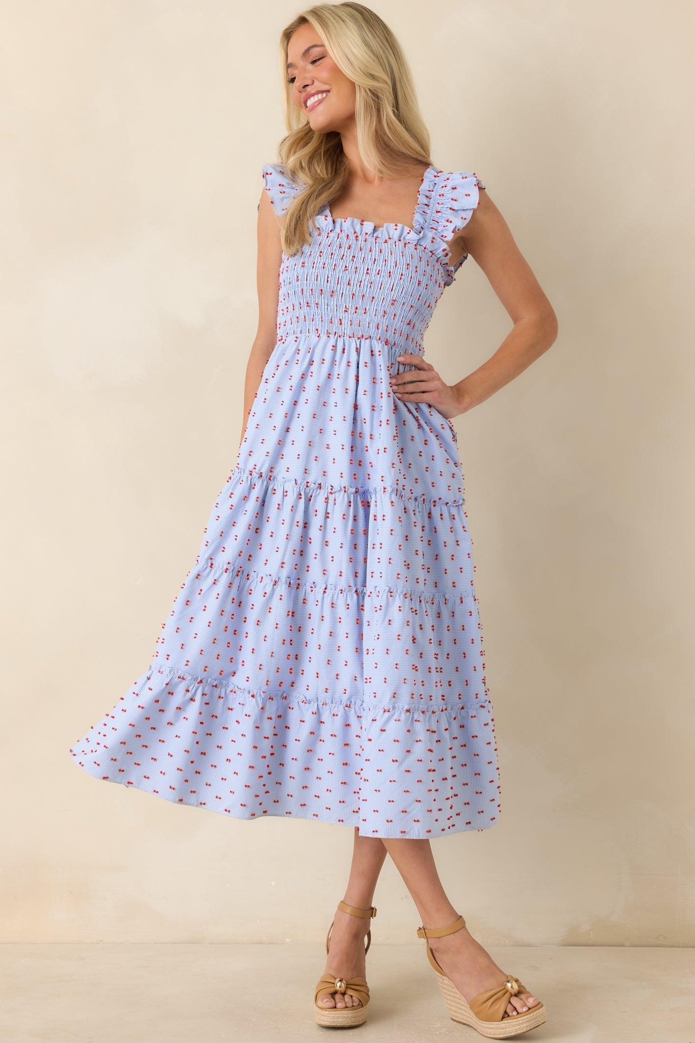 Prosperina Felicity Blue Gingham Embroidered Midi Dress