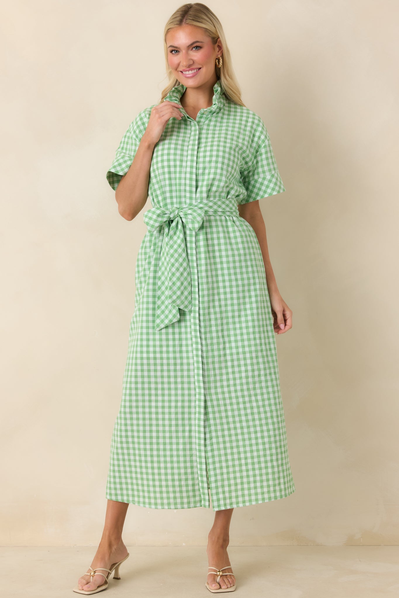 Check Me Out Green Gingham Ruffle Collar Belted Maxi Dress