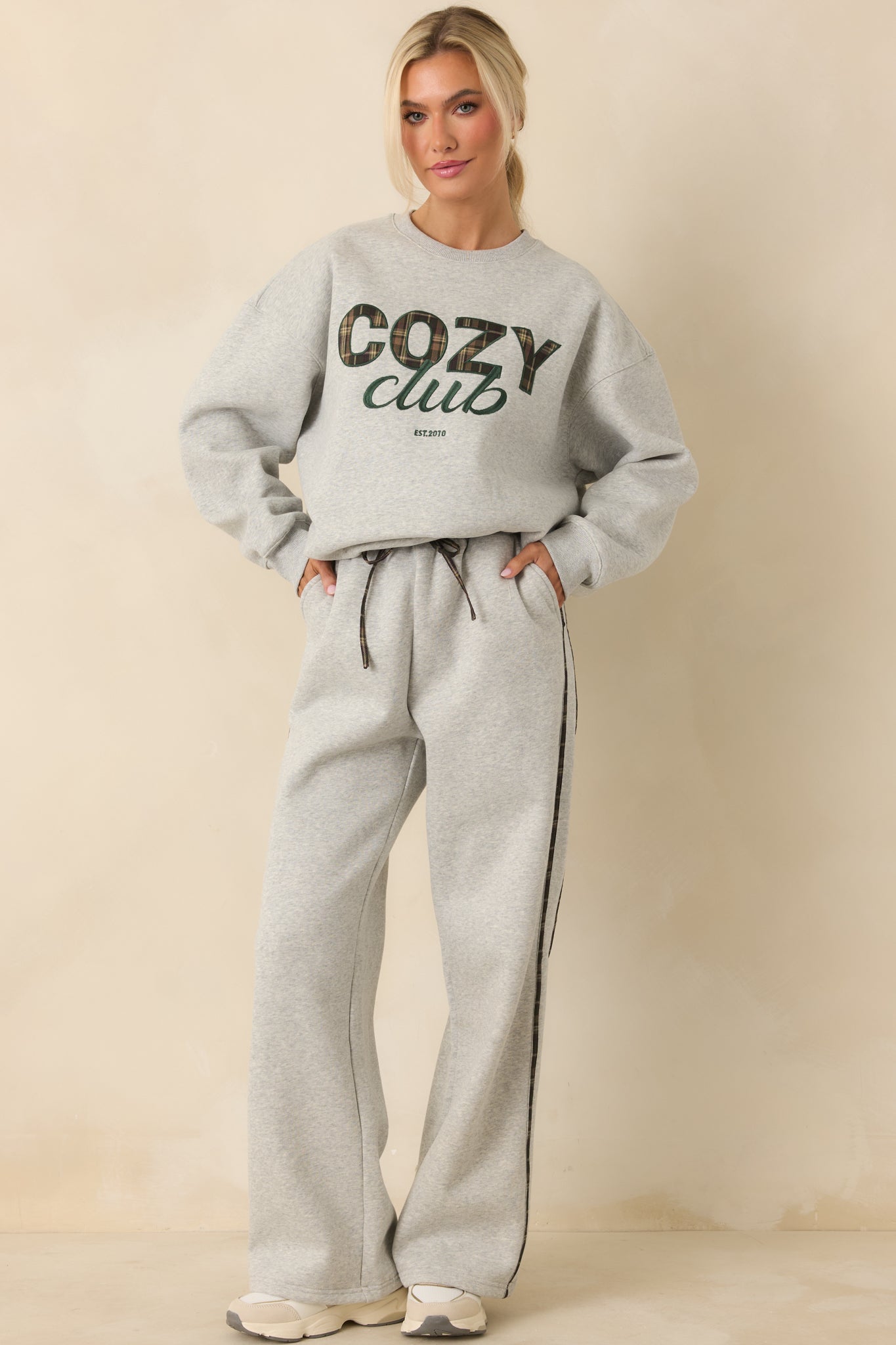 Cozy Club Heather Grey Plaid Stripe Sweatpants