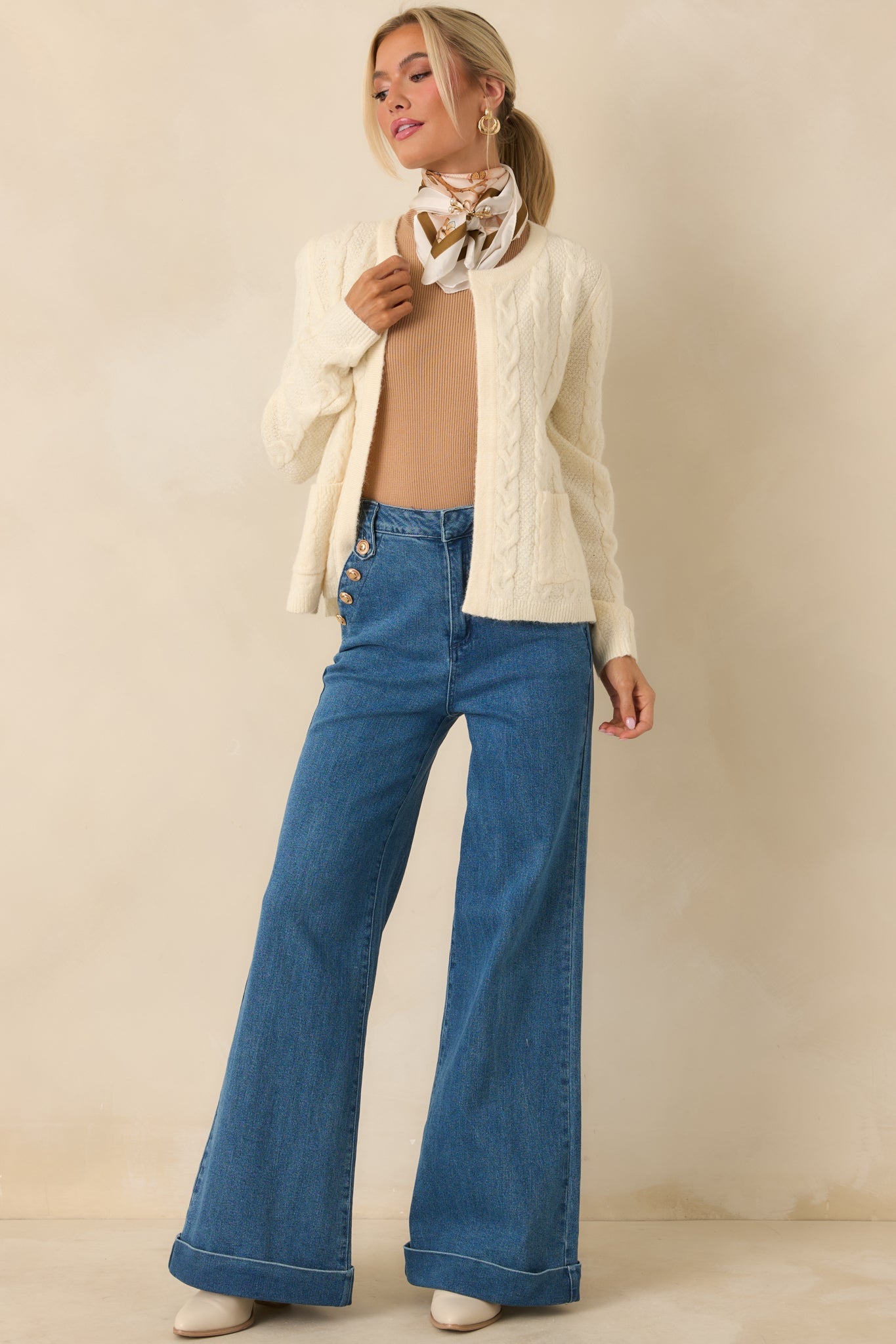 Just Like This Ivory Cable Knit Open Front Cardigan