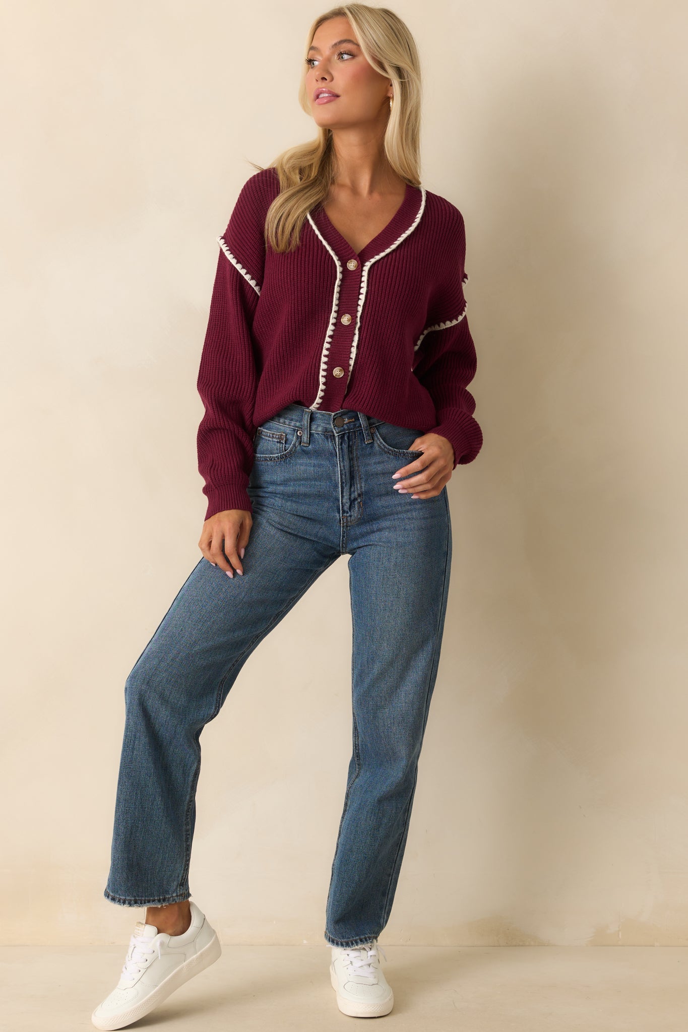 On The Mark Maroon Contrast Trim Knit Button Up Cardigan