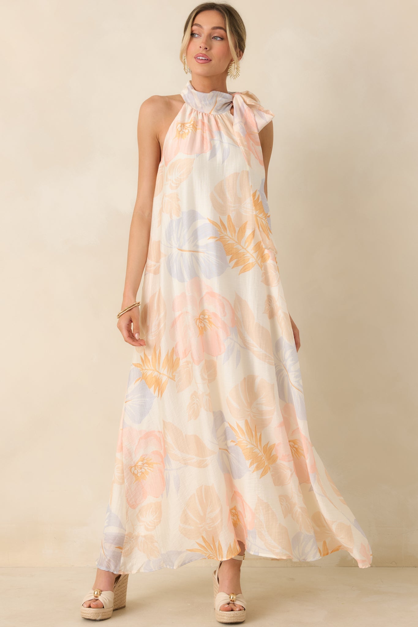 Naturally Radiant Ivory Multi Tropical Print Halter Maxi Dress