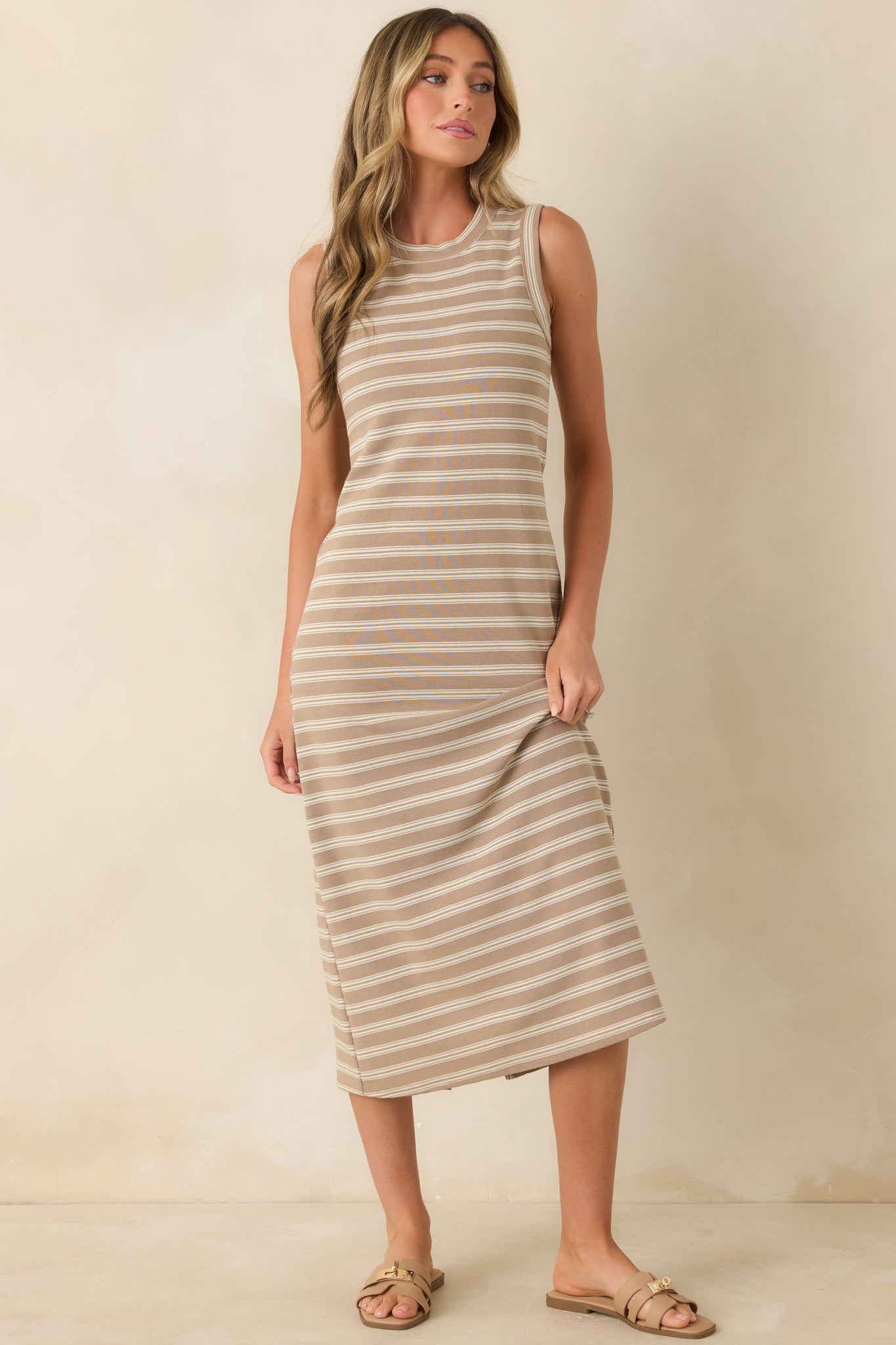 Sunlit Simplicity Taupe Stripe Button Back Midi Dress