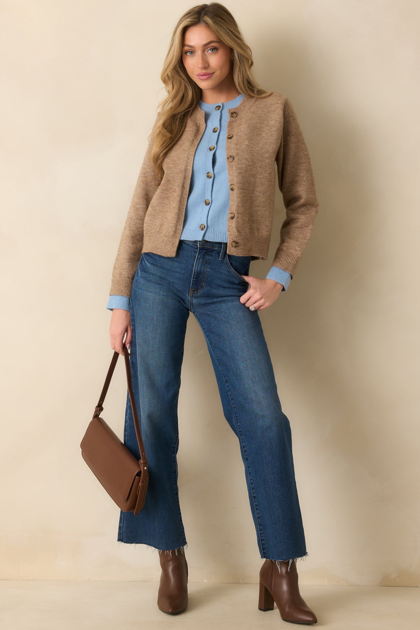 Let It All Unfold Light Mocha Faux Layered Button Front Knit Cardigan