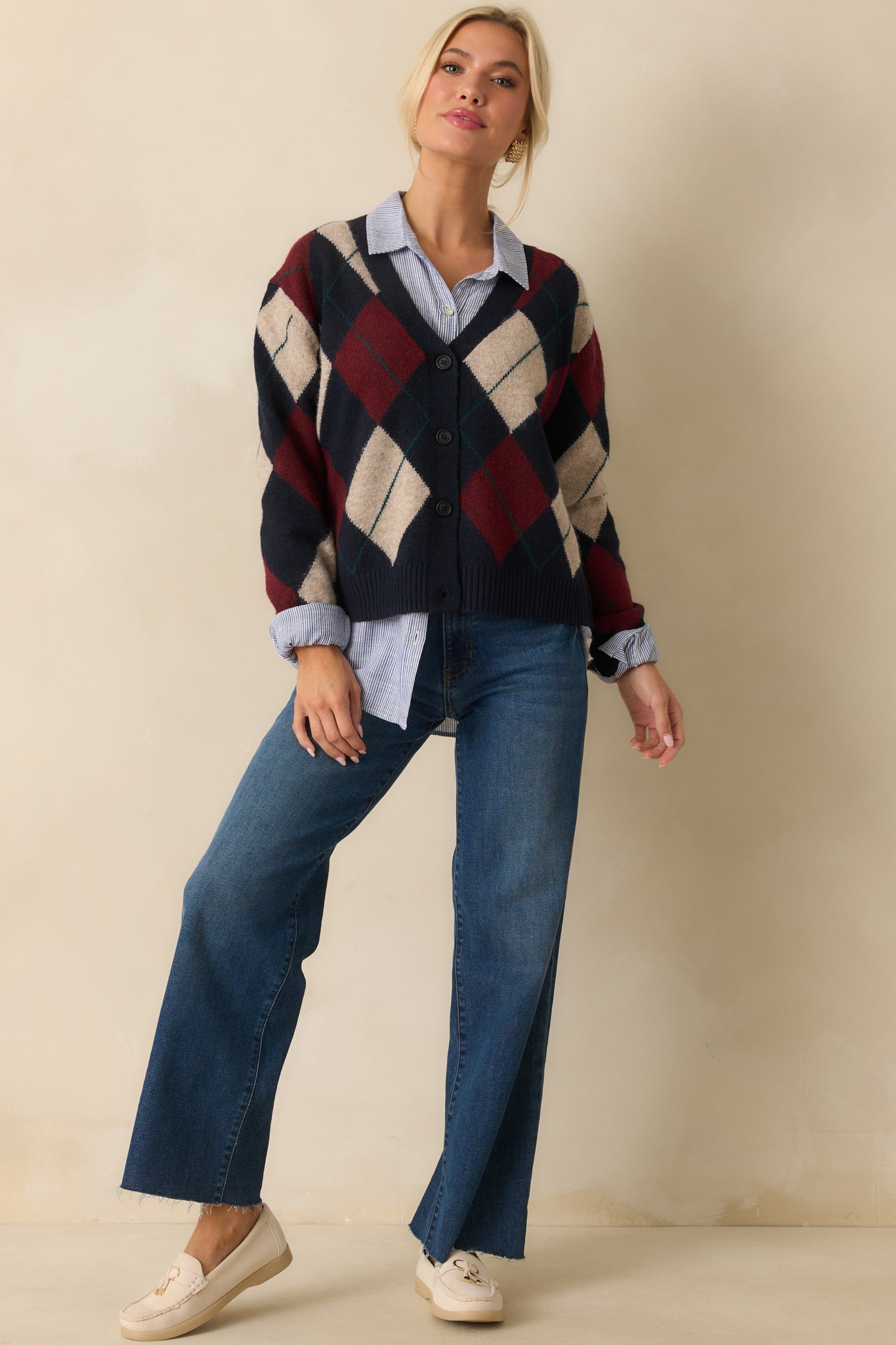 Never Beyond Reach Navy Argyle Button Up Cardigan