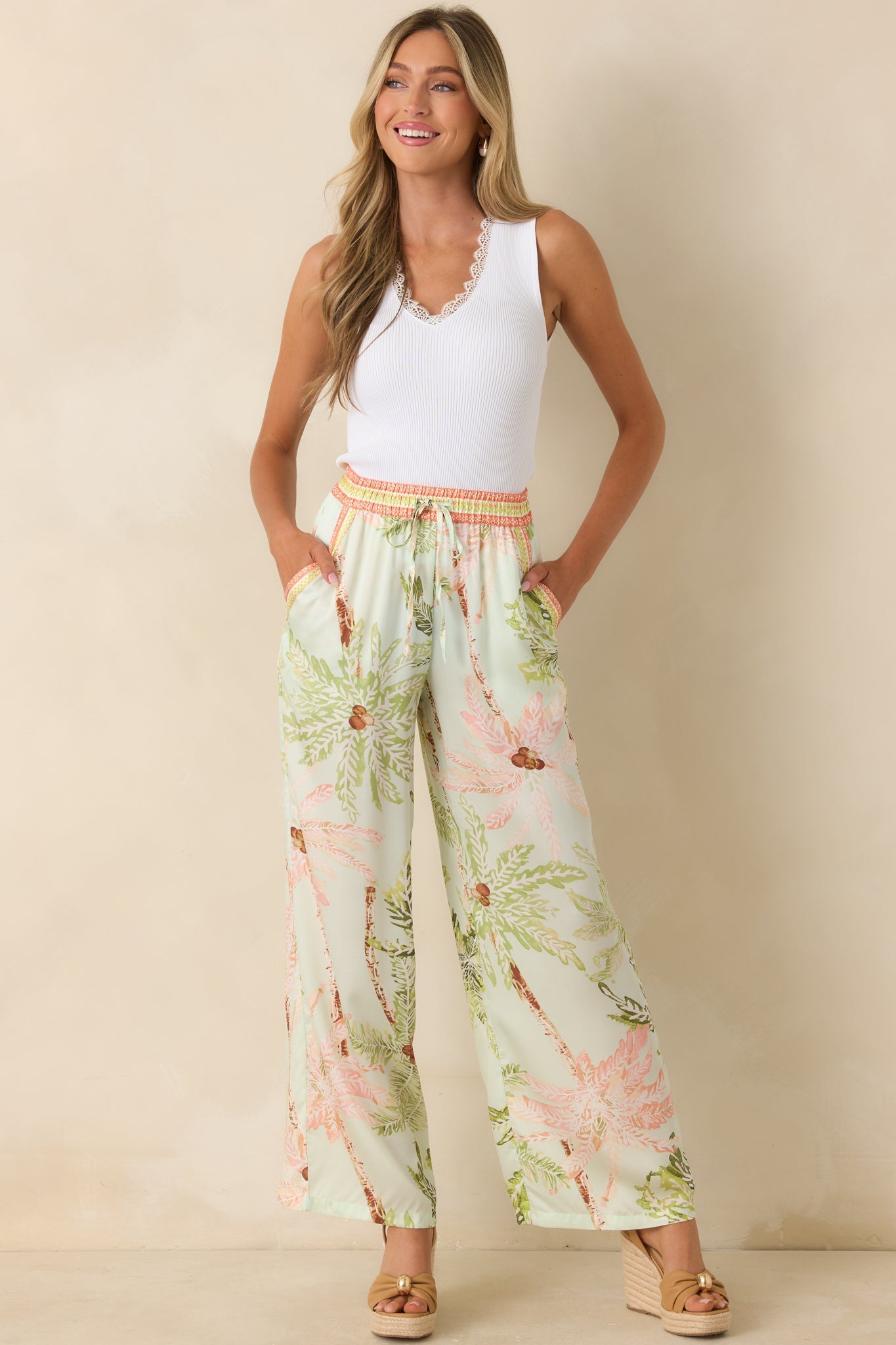 Palm Breeze Seafoam Green Palm Print Drawstring Pants