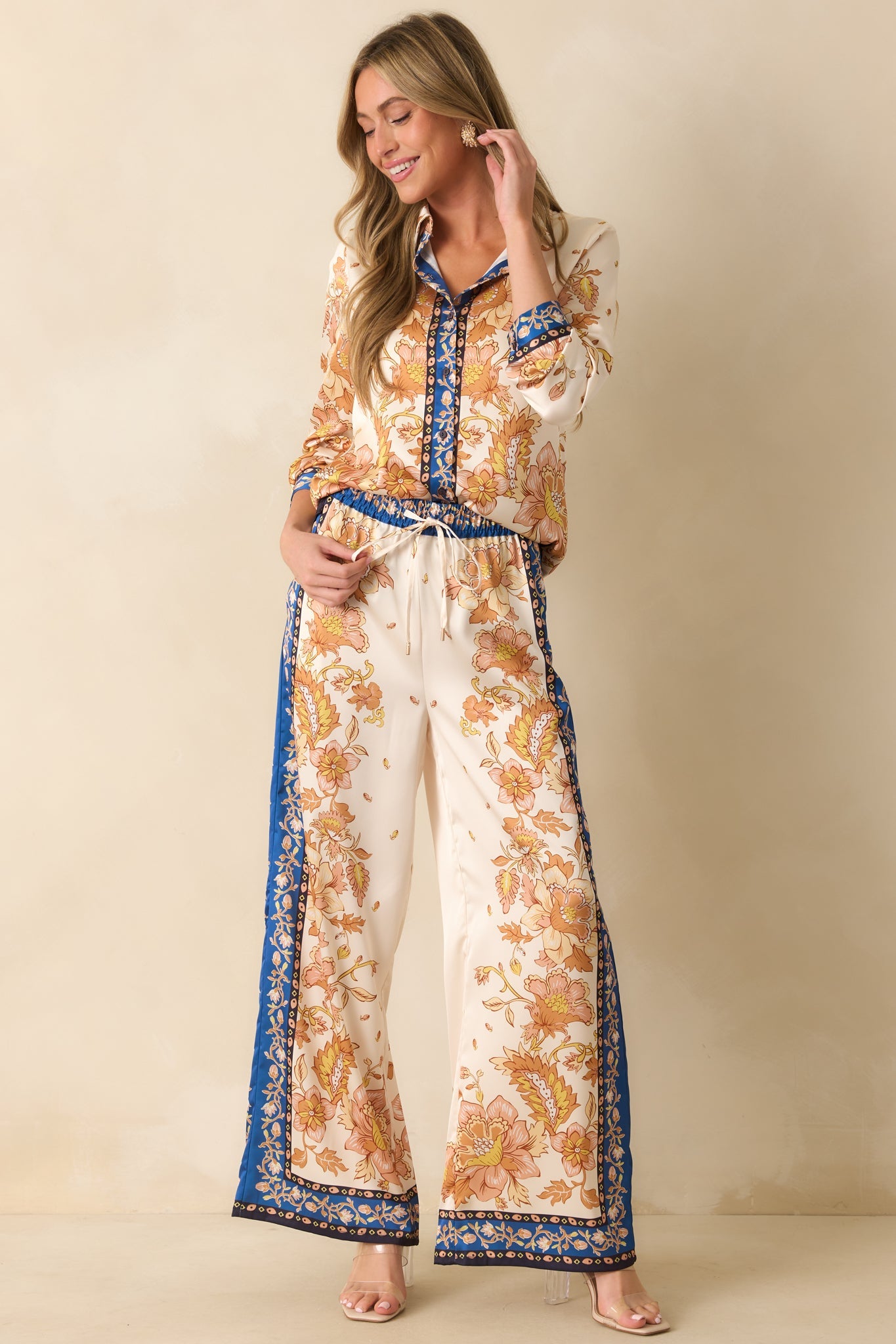 Took Her Time Ivory Multi Floral Print Satin Button Front Top