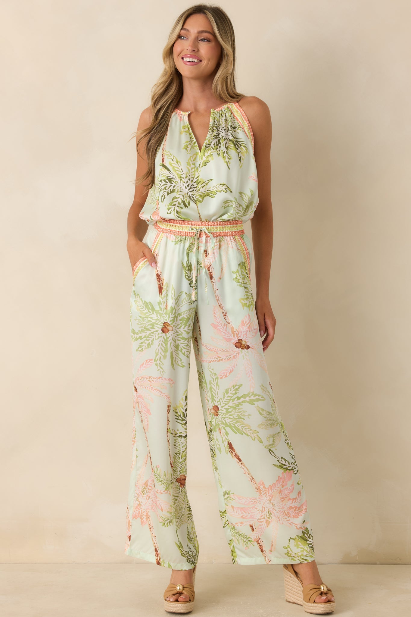Palm Breeze Seafoam Green Multi Palm Print Sleeveless Top