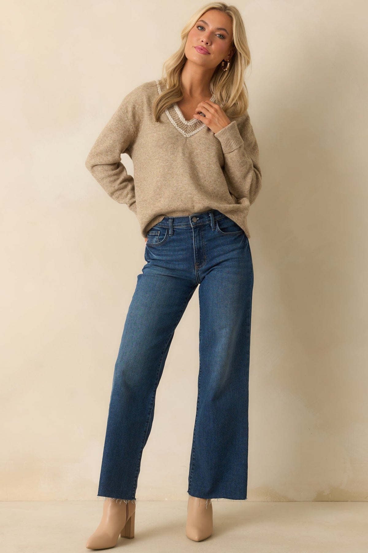 Let's Be Real About It Tan Ribbed Knit V-Neck Sweater