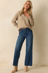Let's Be Real About It Tan Ribbed Knit V-Neck Sweater