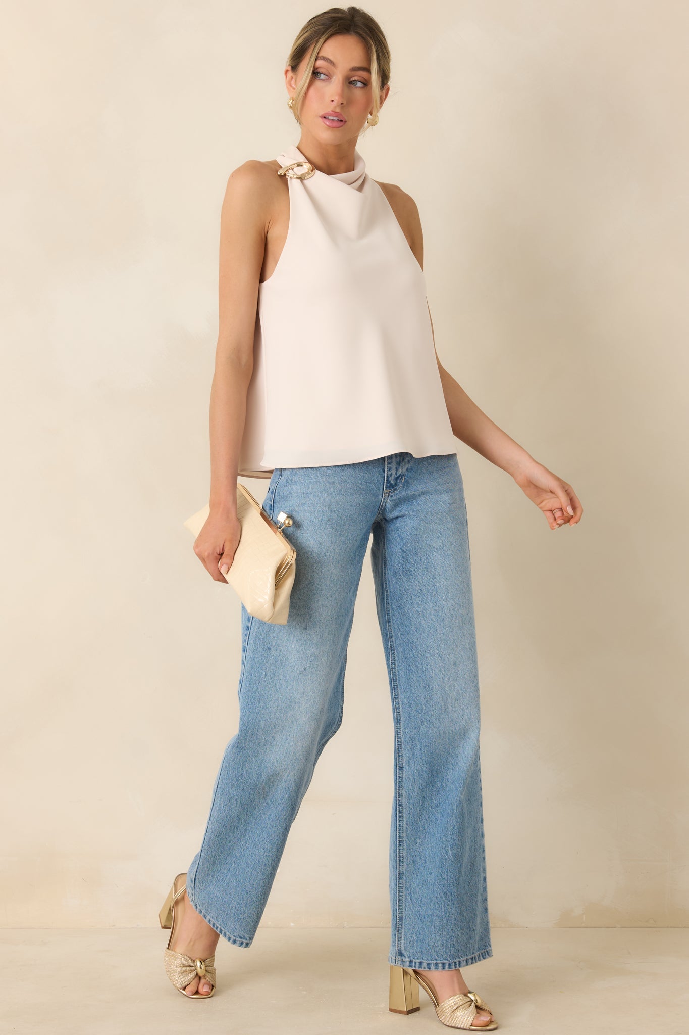 Effortlessly Refined Light Beige Draped Neck Gold Accent Sleeveless Top