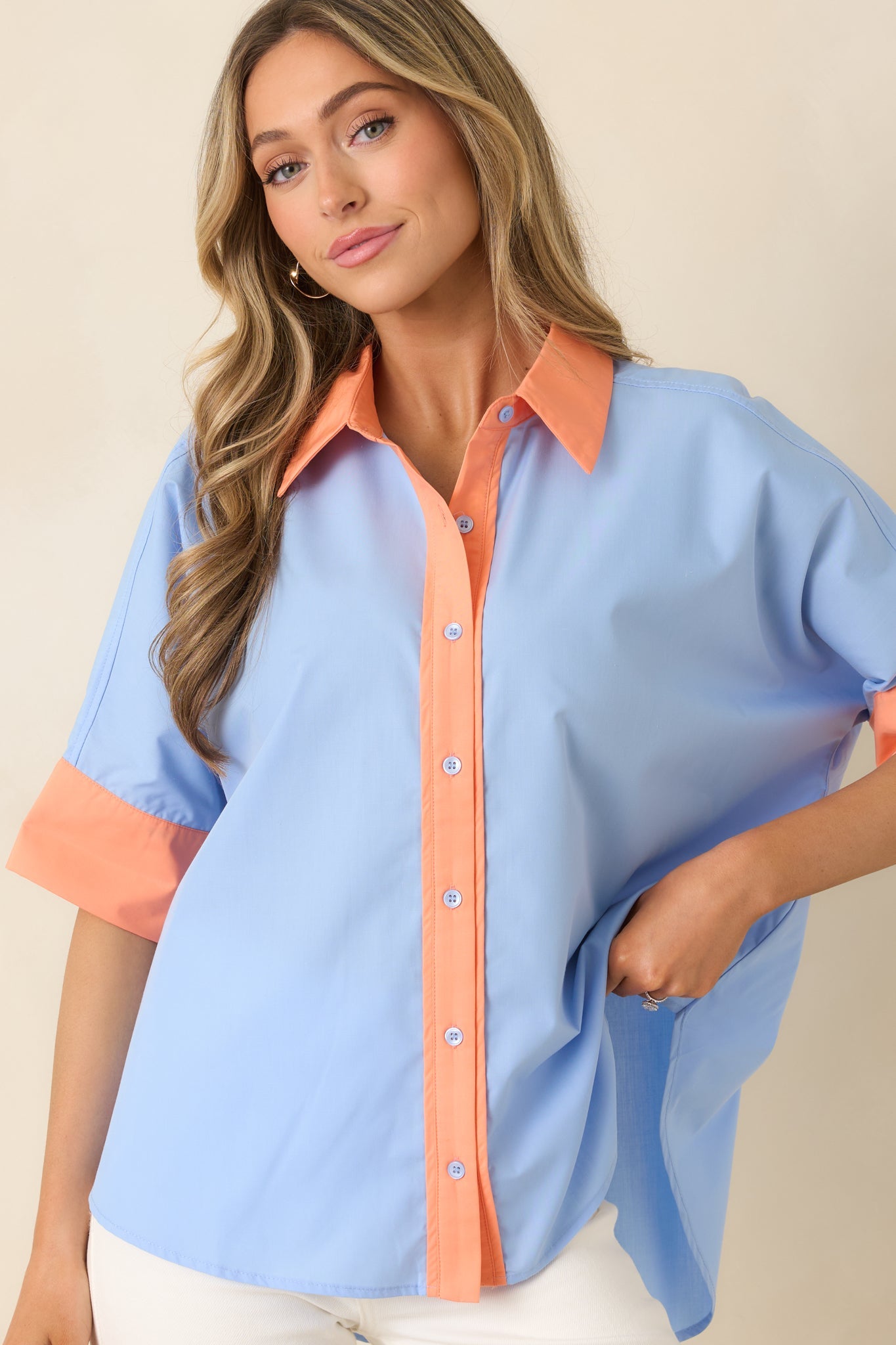 Catch the Vibe Light Blue & Orange Color Block Short Sleeve Shirt